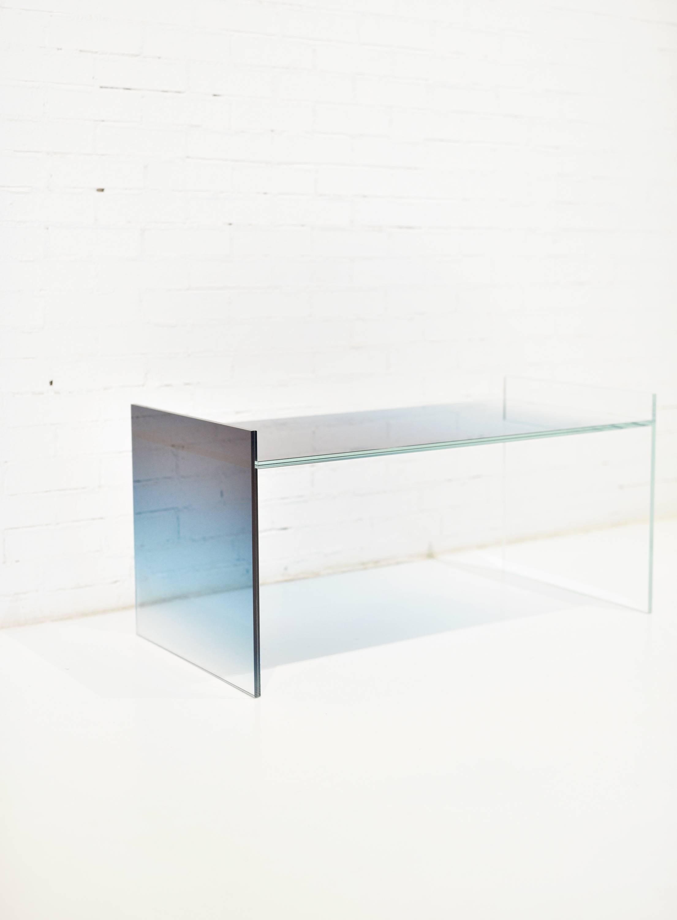 Modern Ombre Glass Coffee End Table Low in Blue / Clear Glass For Sale