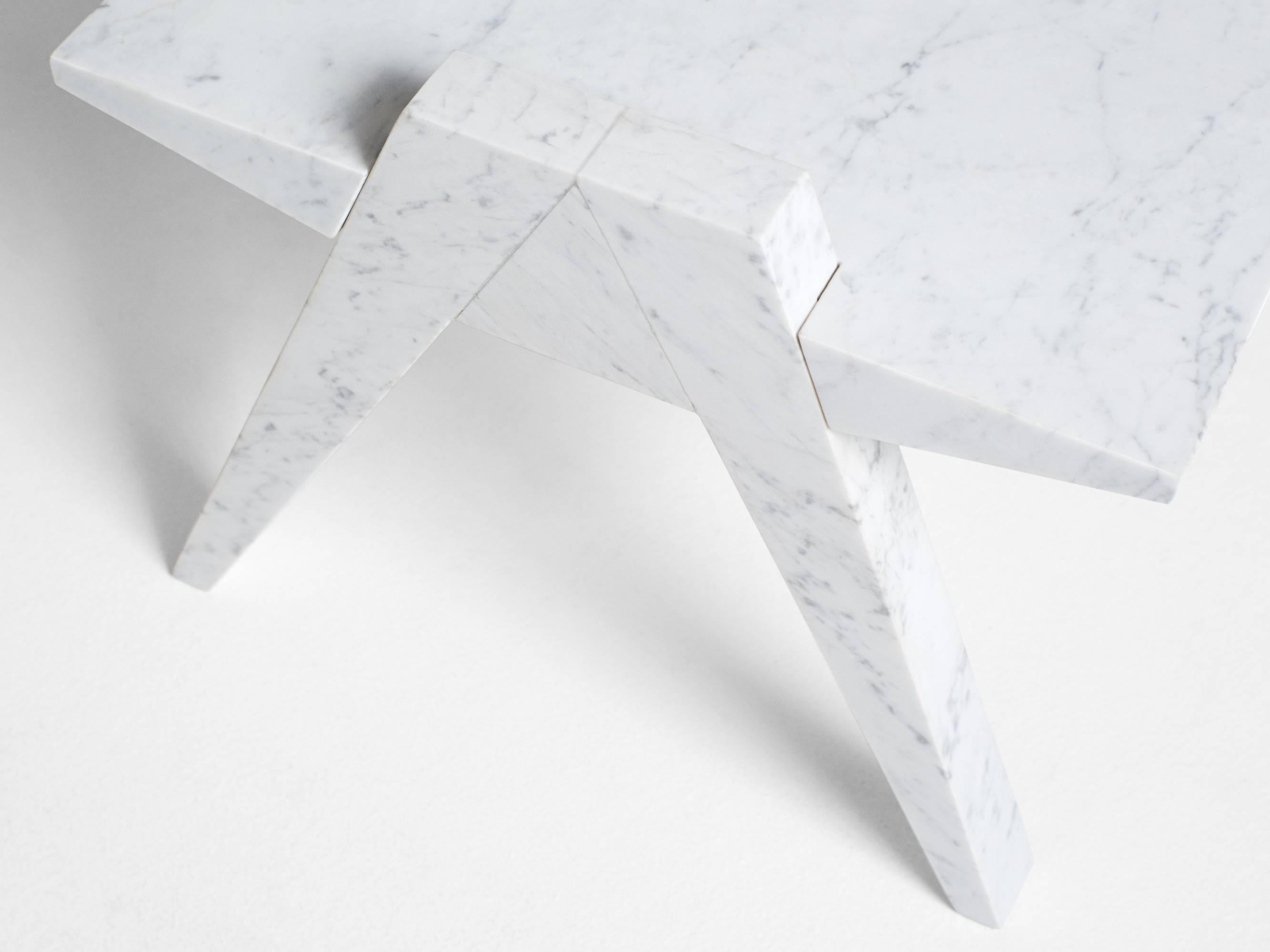 Modern Caliper Coffee Table Side Table in hand carved Carrara Marble by Nathan Hunt For Sale