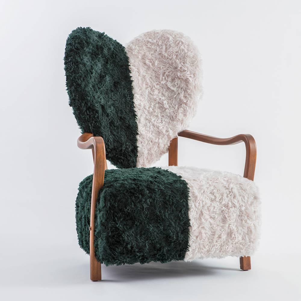 Stained UNI Chair in Beechwood and Mohair Raf Simons Fabric For Sale