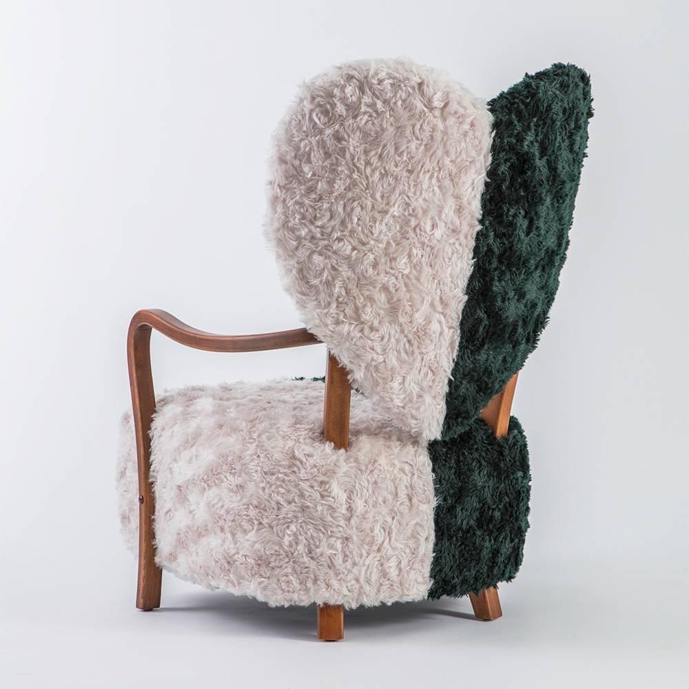Contemporary UNI Chair in Beechwood and Mohair Raf Simons Fabric For Sale