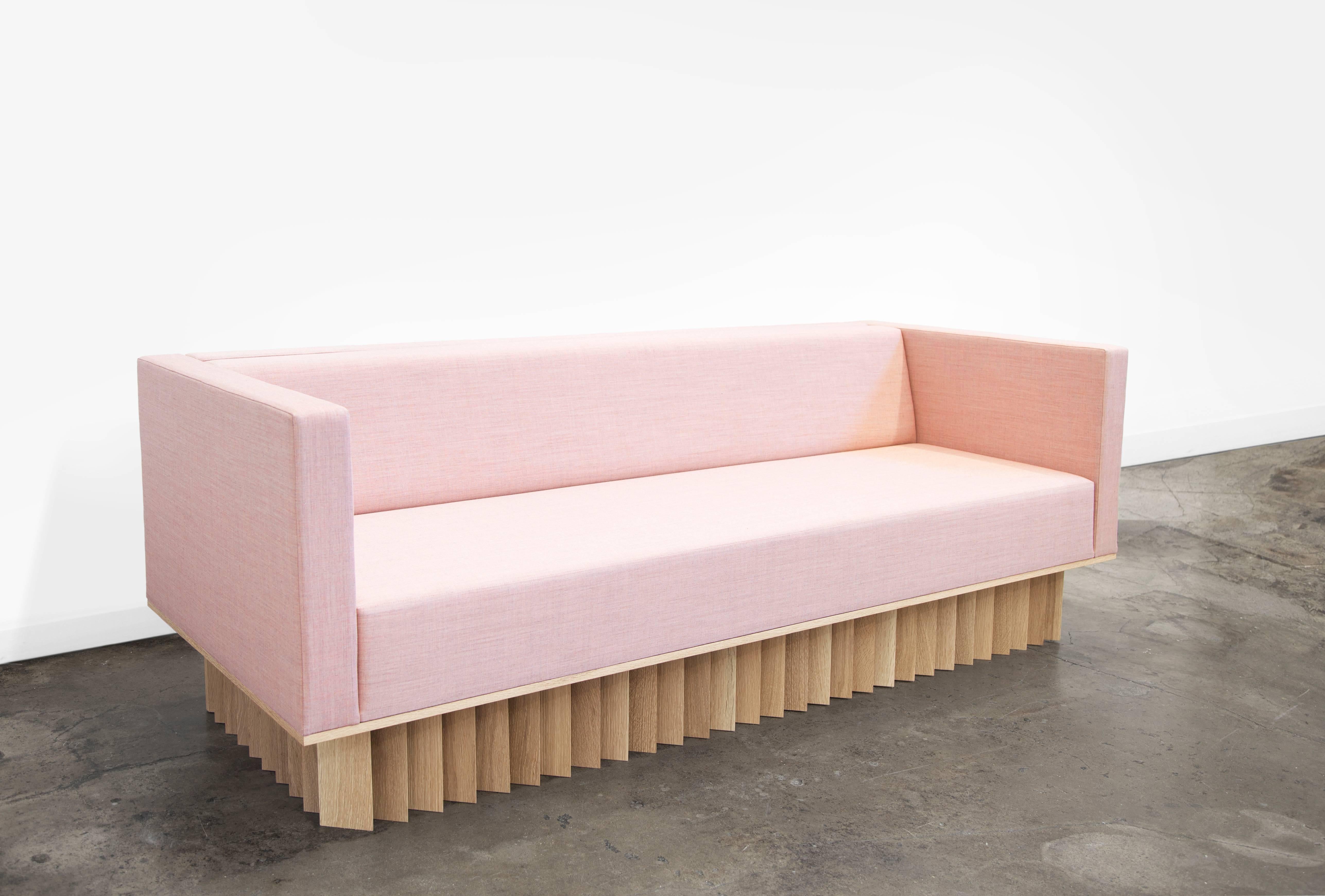 Modern Angled Wood Bar Sofa in Oak and Pink Kvadrat Upholstery For Sale