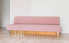 Angled Brass Bar Armless Sofa in Brass and Pink Kvadrat Upholstery