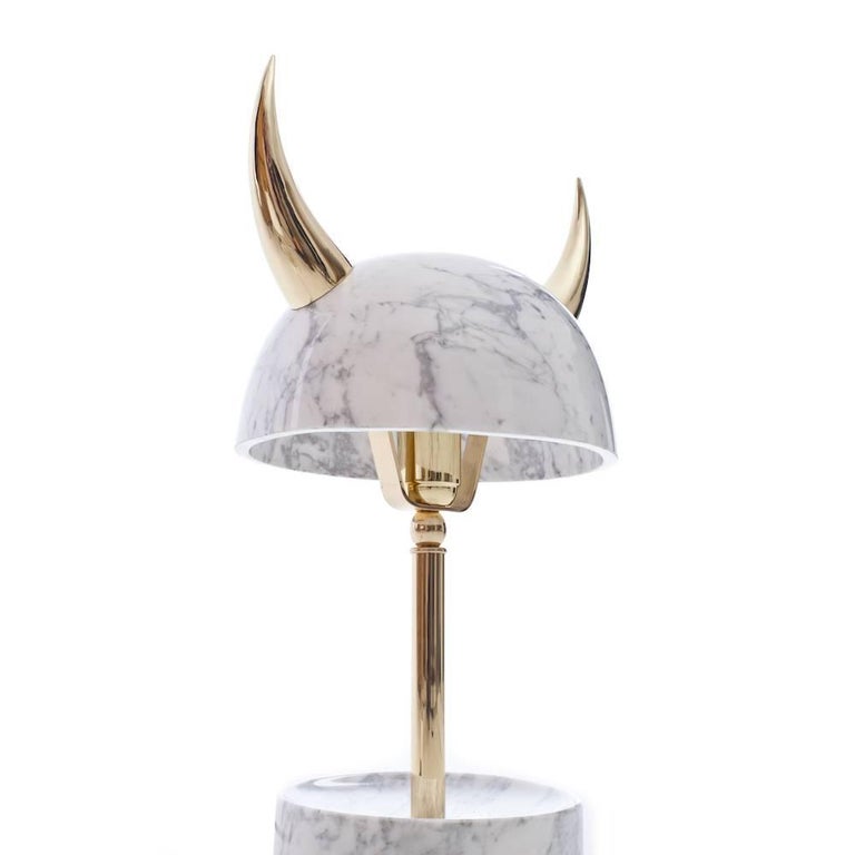 Min Lila Viking Lamp or Table Lamp in Carrara Marble and Brass by Merve