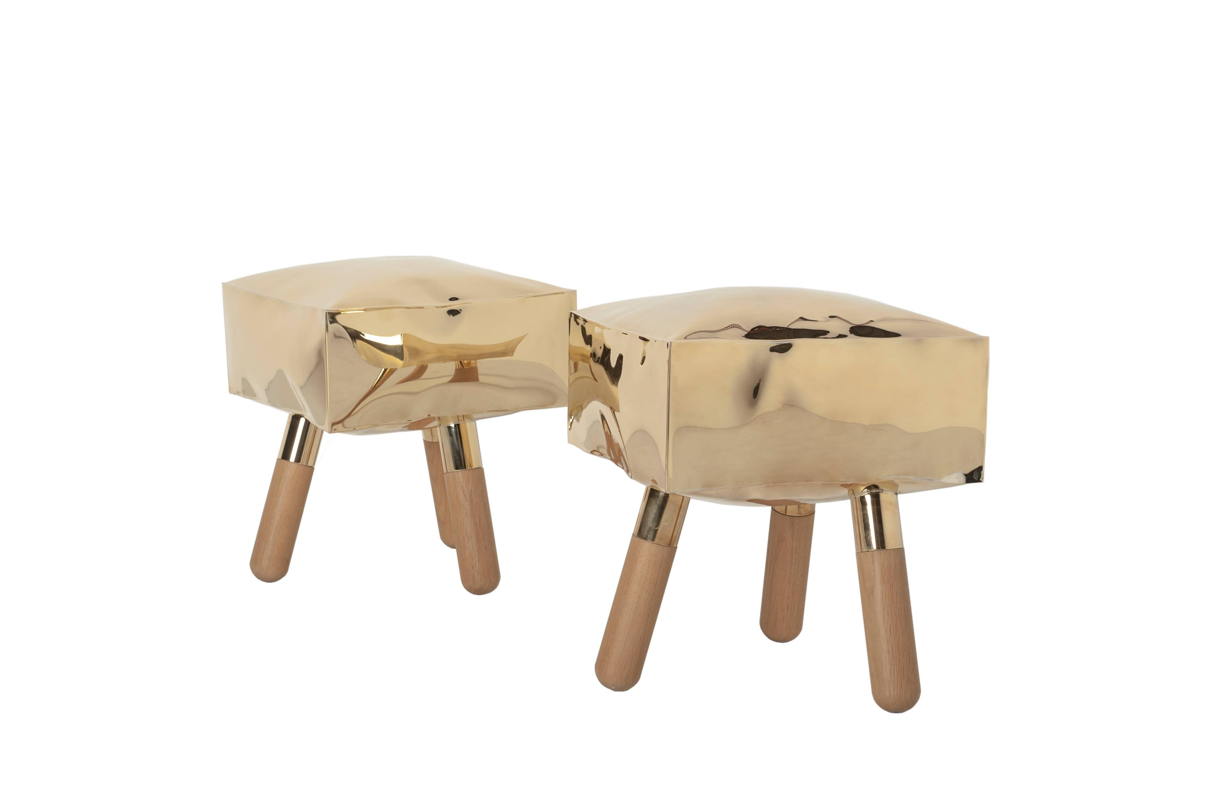 Italian Icenine Floor Stool Side Table in Brass and Oak For Sale