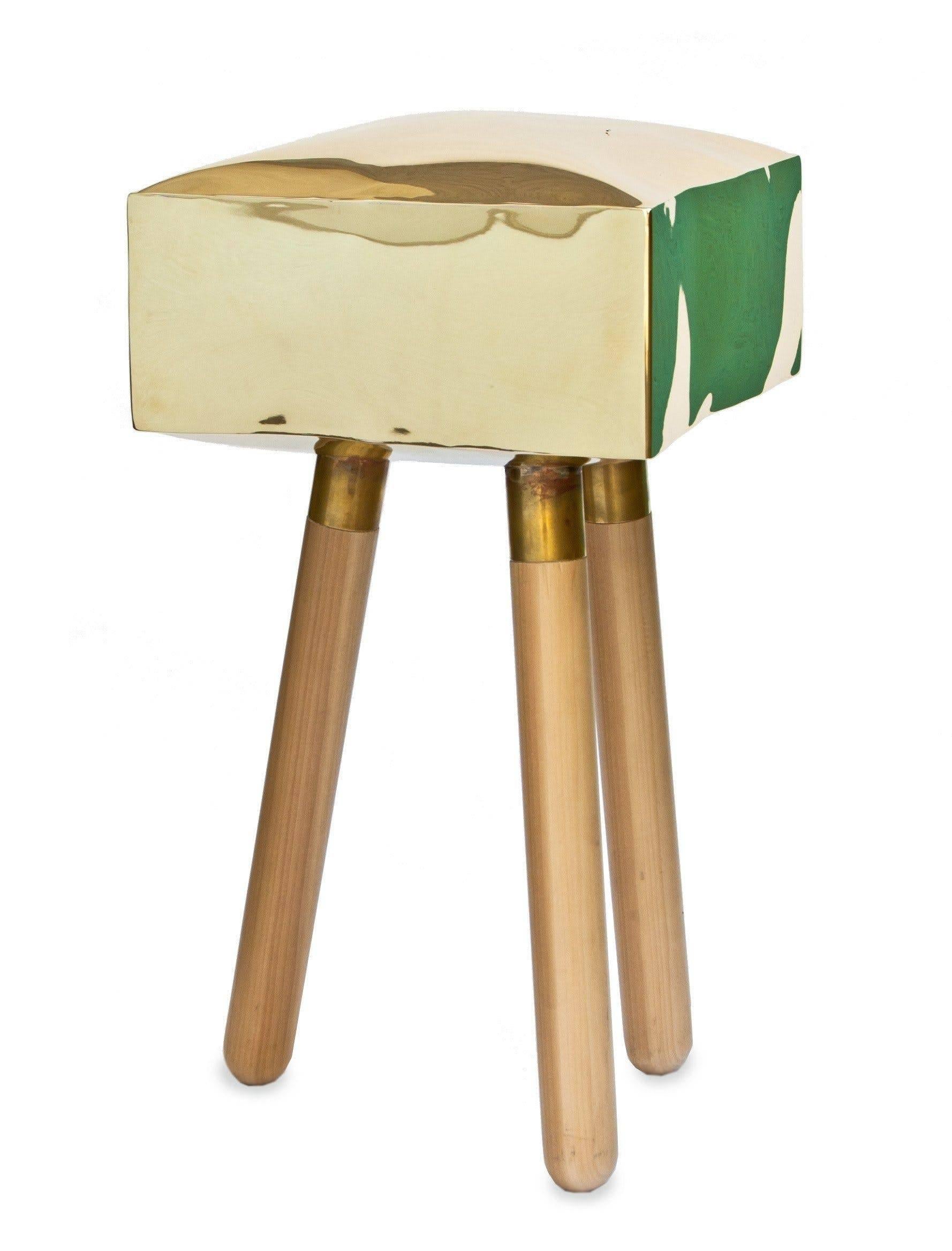 Polished Icenine Floor Stool Side Table in Brass and Oak For Sale