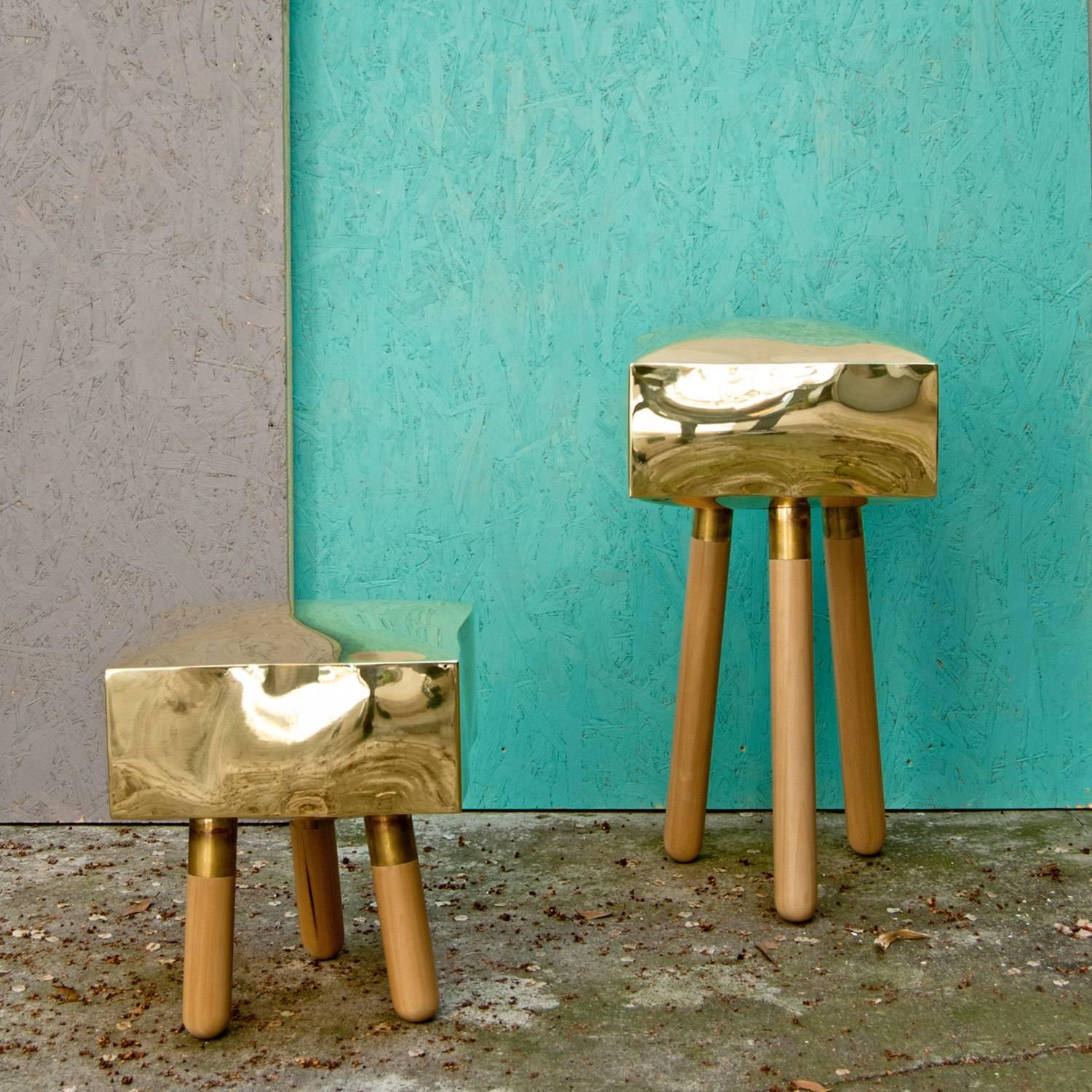 Icenine Floor Stool Side Table in Brass and Oak In New Condition For Sale In West Hollywood, CA