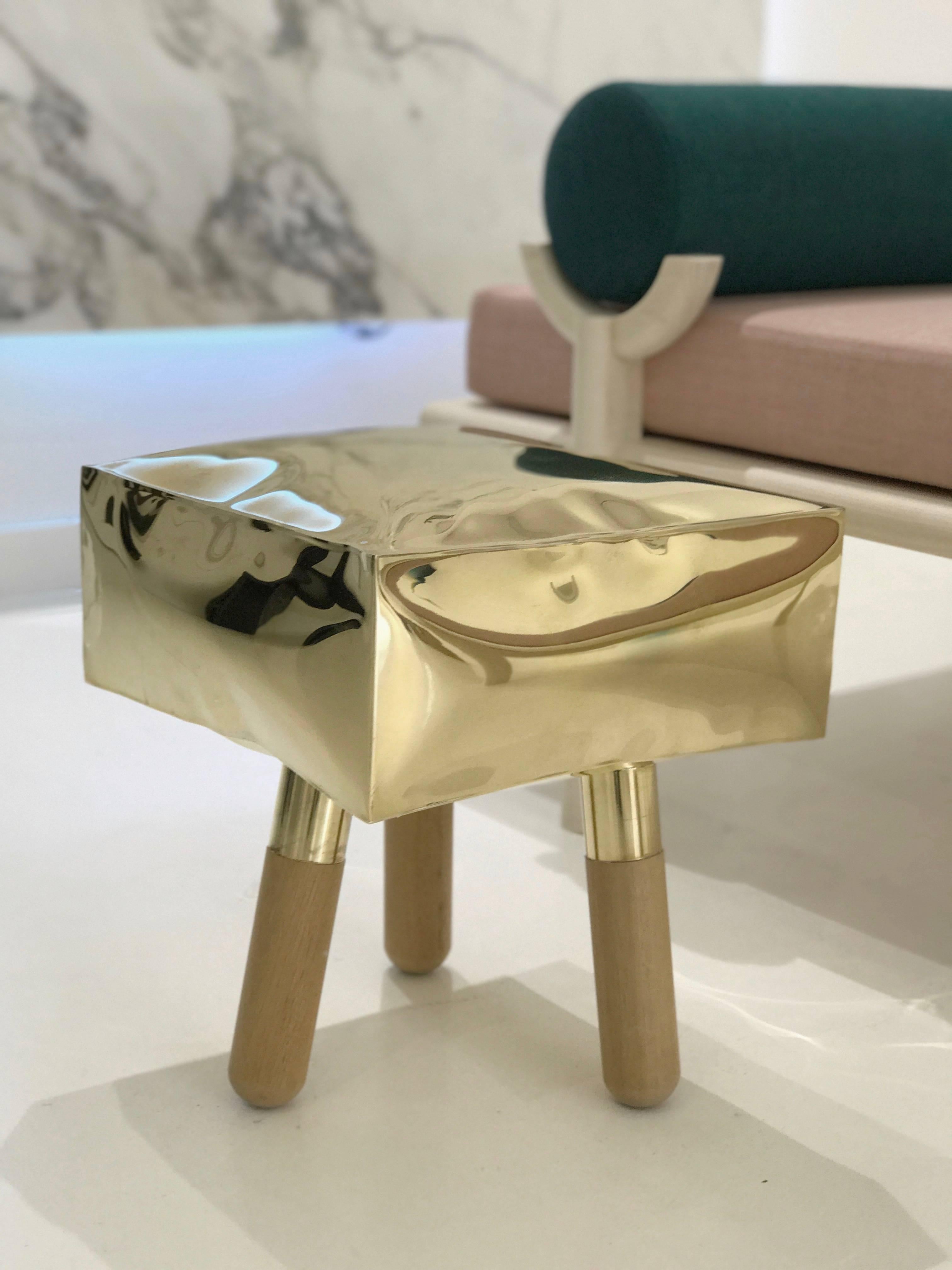 Contemporary Icenine Floor Stool Side Table in Brass and Oak For Sale