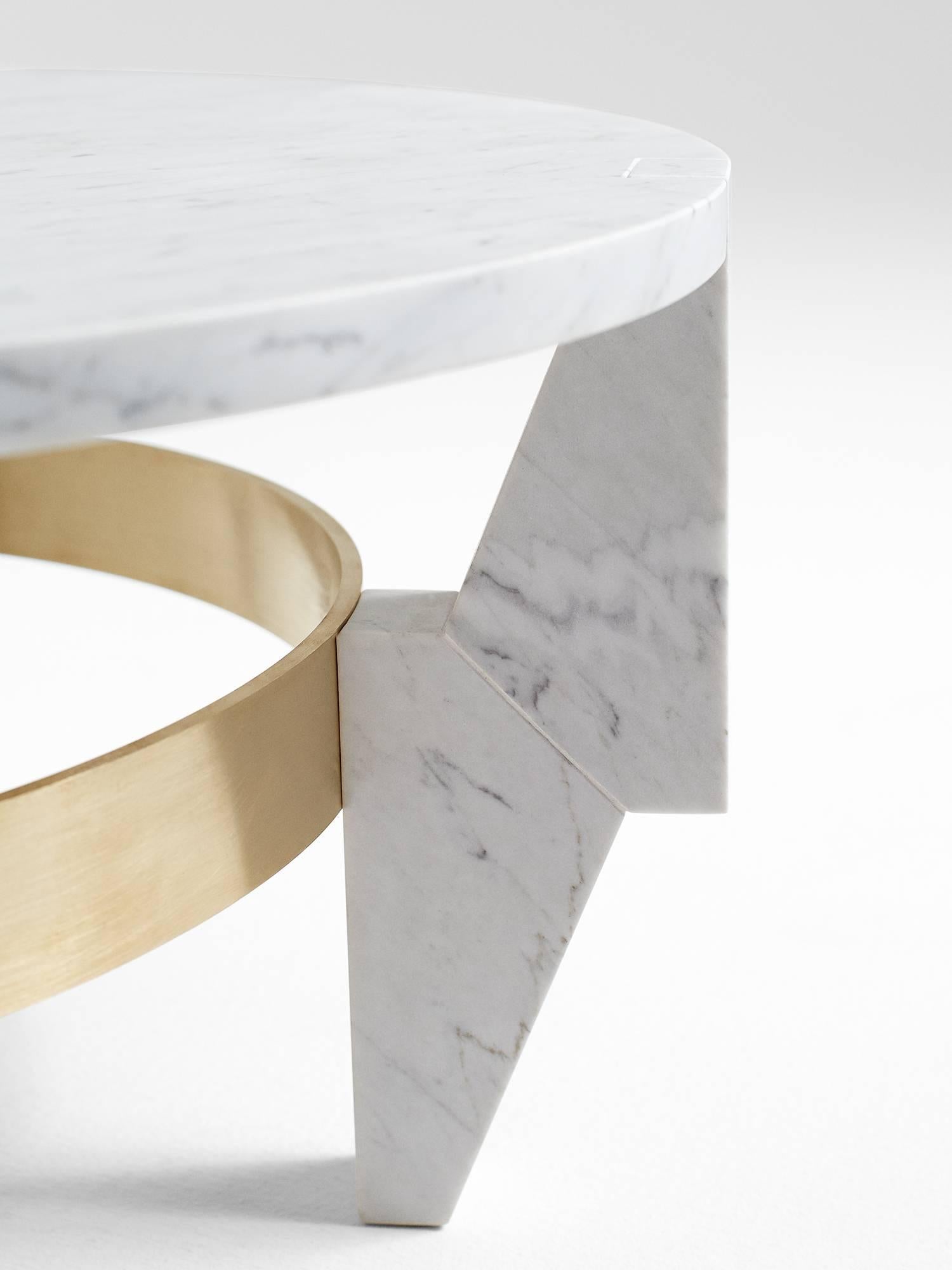 Modern Low Ring Coffee Table Side Table in Carrara Marble and Brass by Nathan Hunt For Sale