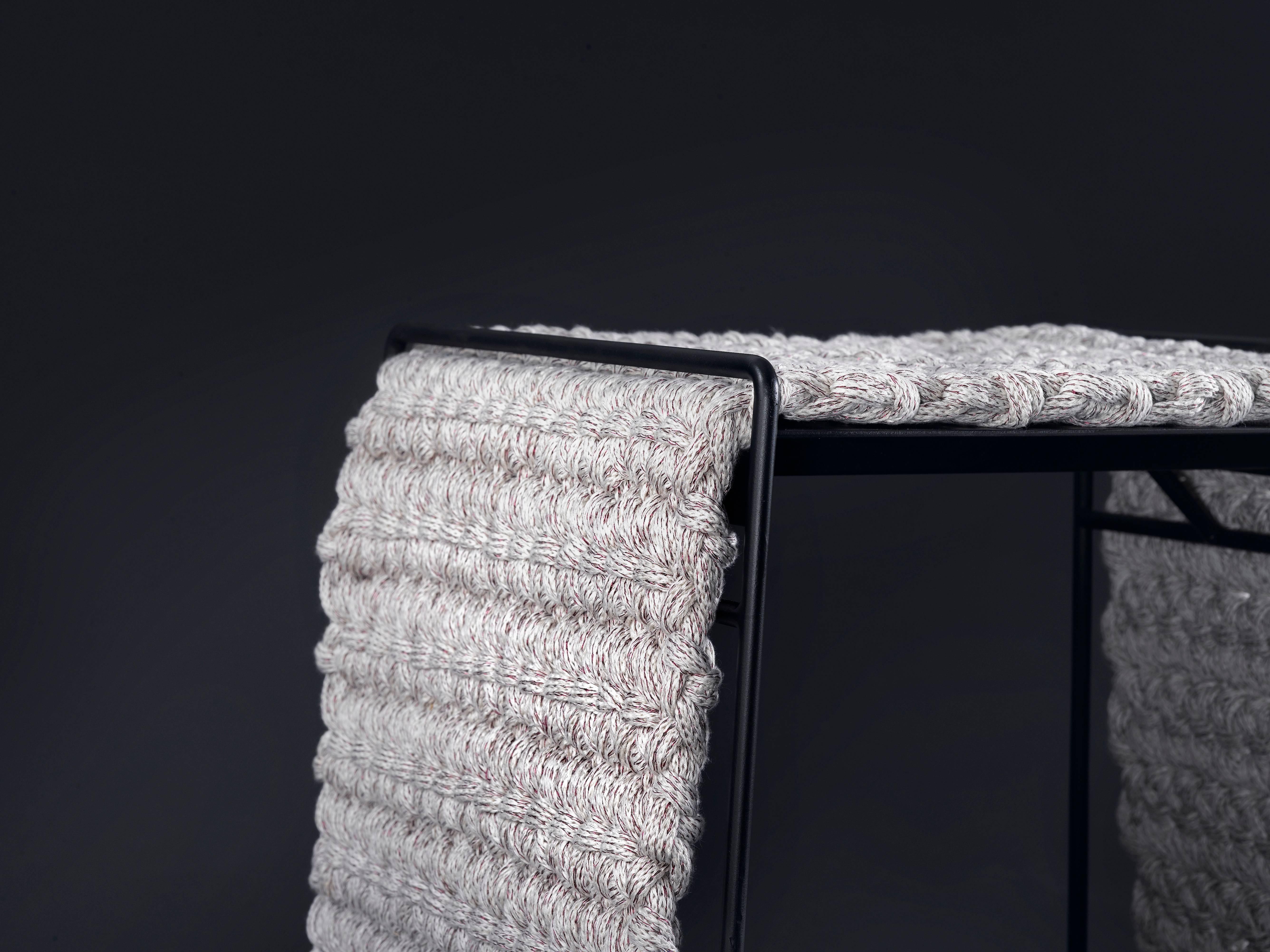 Israeli Handmade Textile and Matte Black Iron Crochet Knit Rug Stool