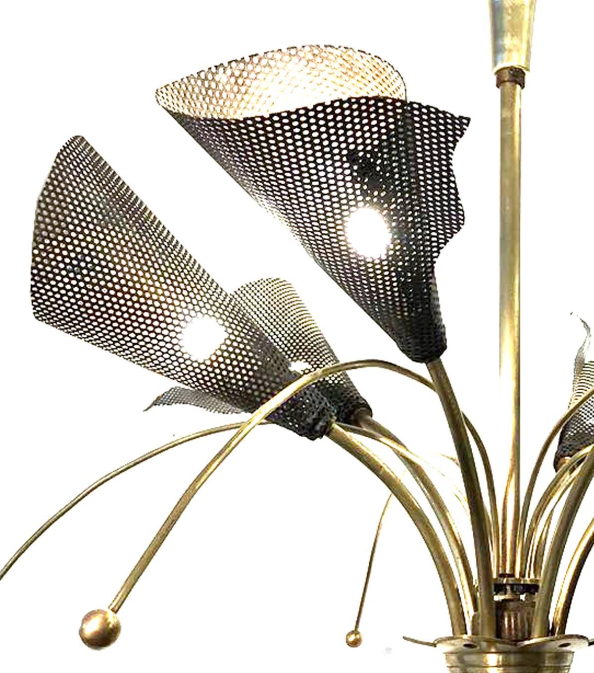 Brass 1950s French Pendant Lamp with Six Perforated Iron Shades For Sale