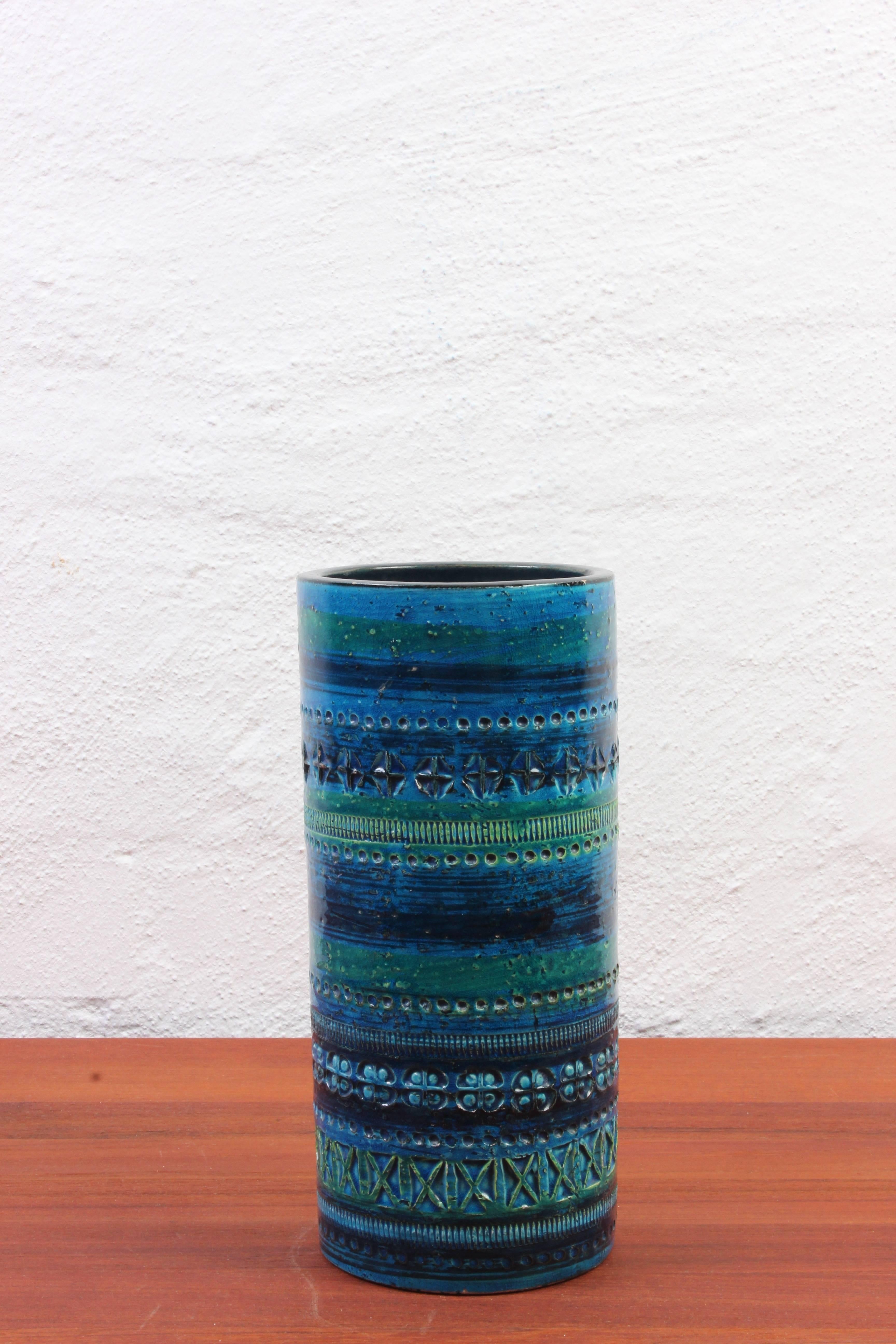 This blue Italian Bitossi ceramic vase is in good vintage condition with signs of usage consistent with age and use. This specific color is called 