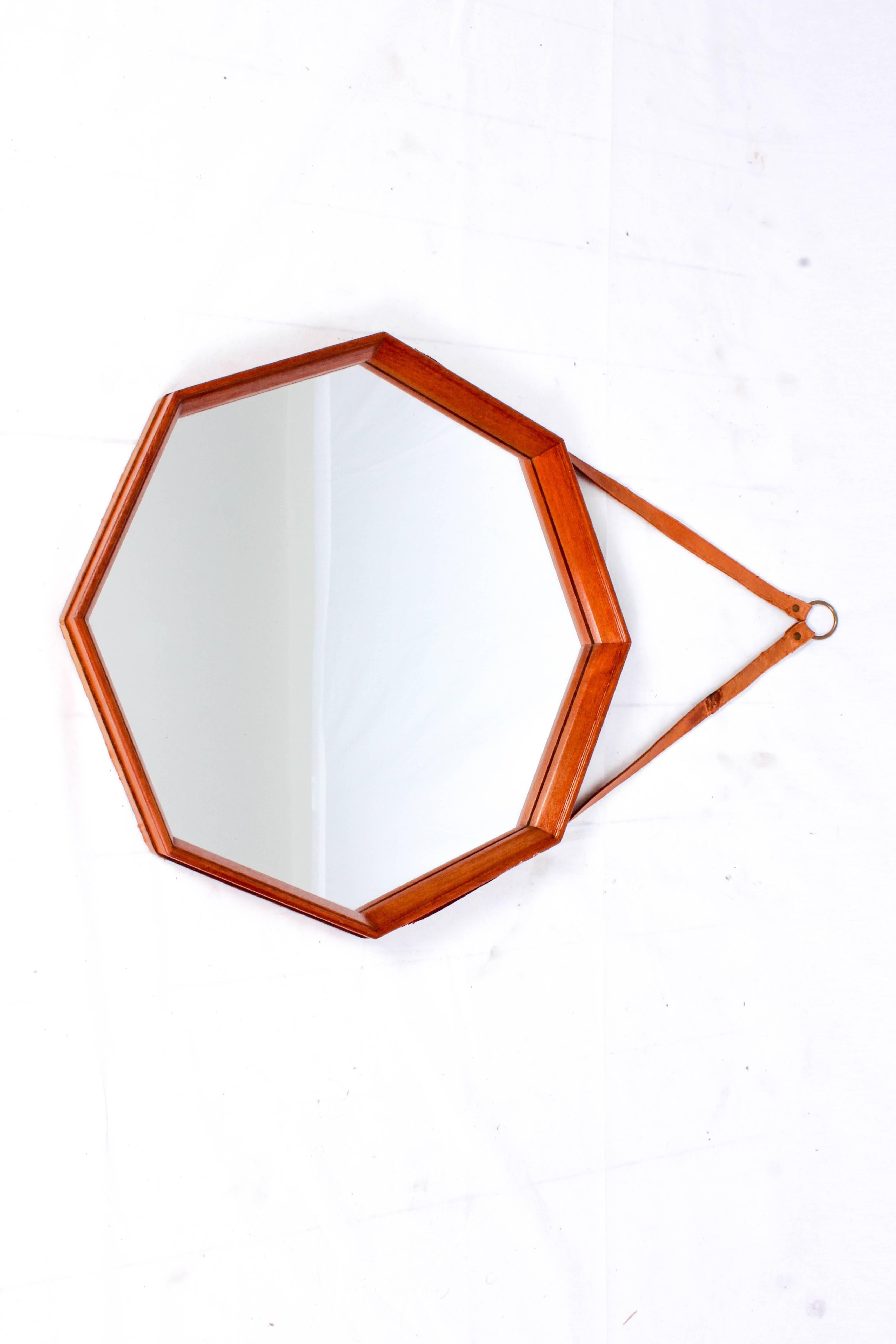 Scandinavian Modern Midcentury Swedish Octagonal Teak Mirror with Leather Strap