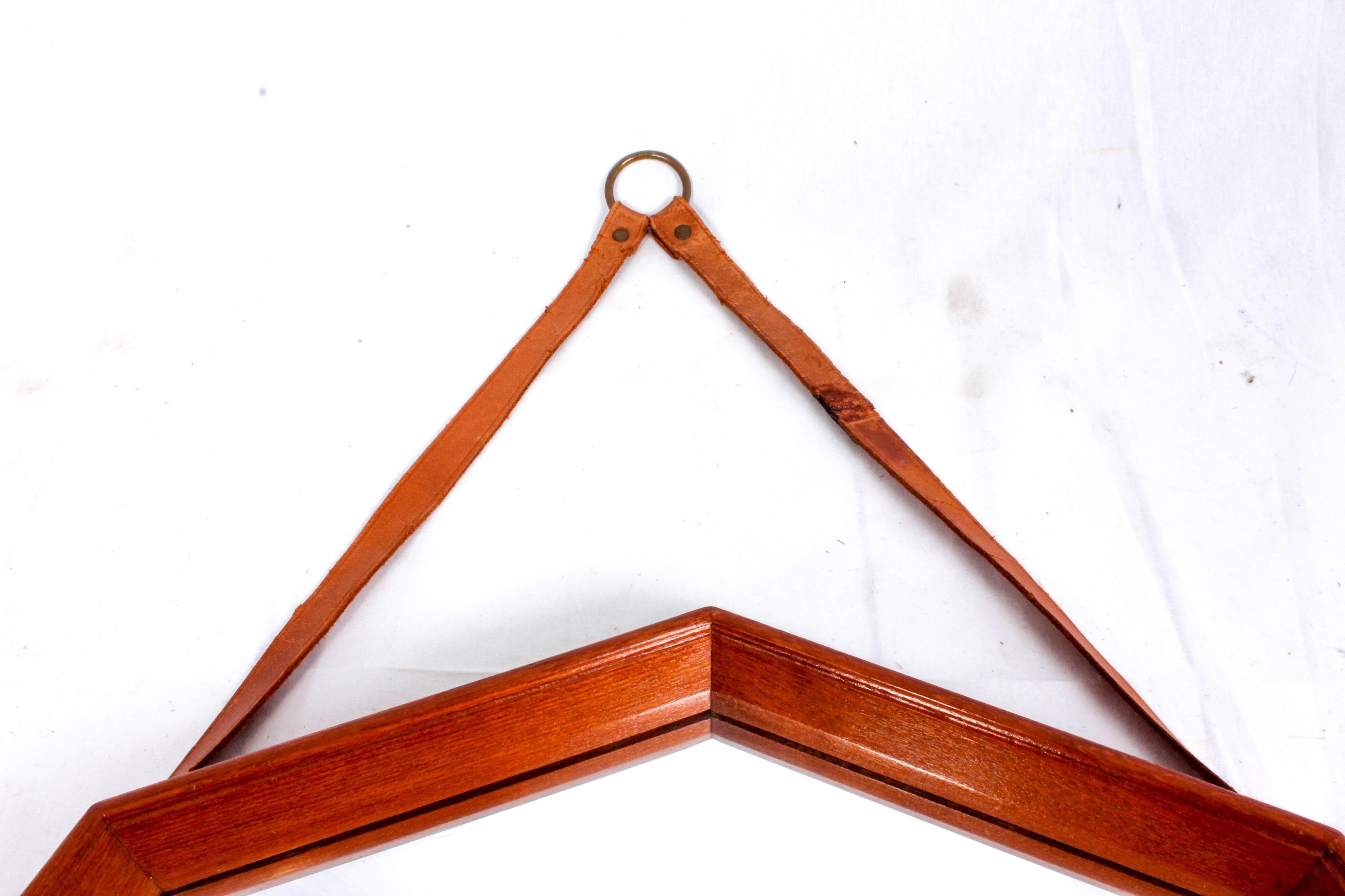 Midcentury Swedish Octagonal Teak Mirror with Leather Strap In Good Condition In Malmo, SE