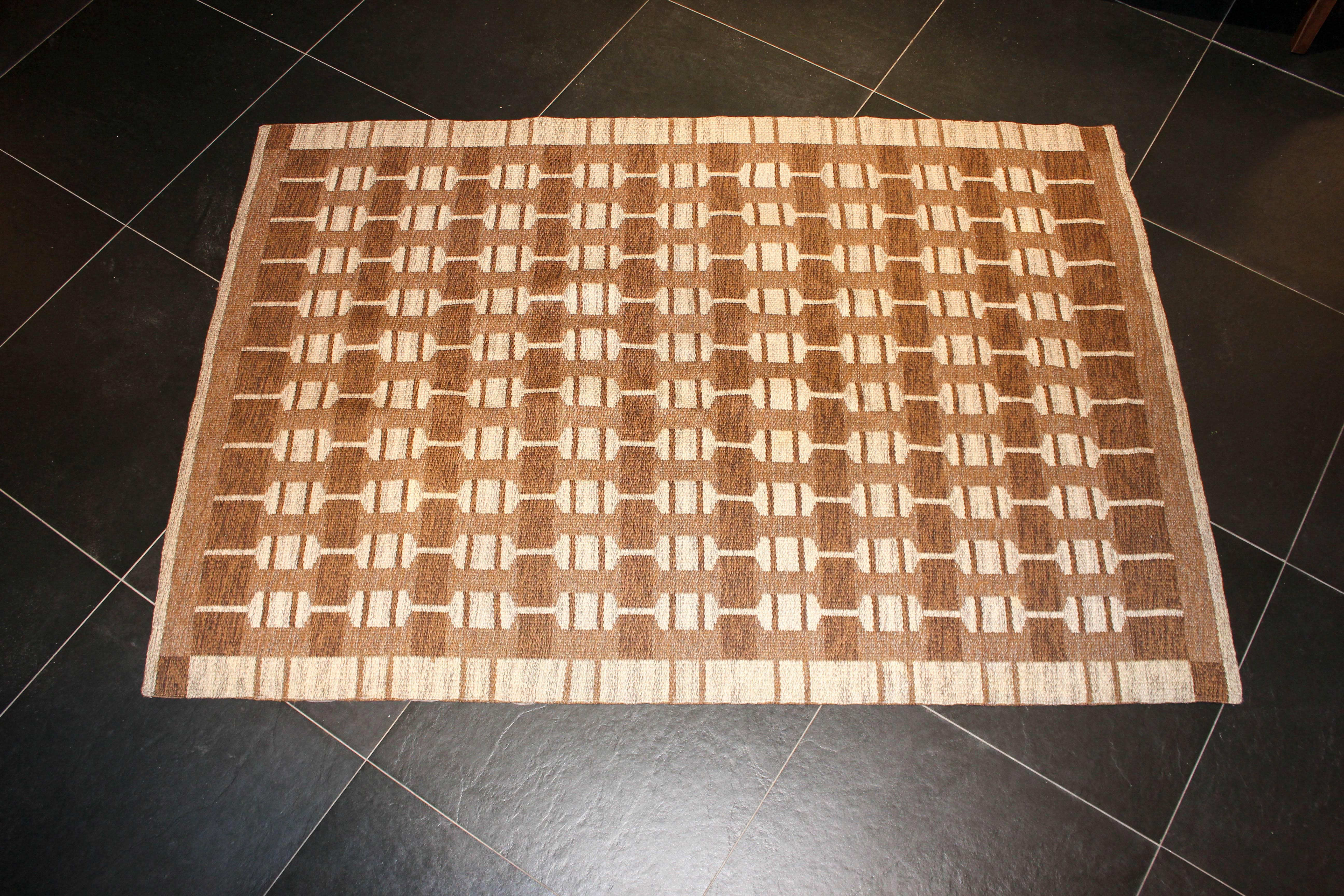 Hand-Woven Midcentury Swedish Two-Sided Flat-Weave Carpet with Geometrical Patterns