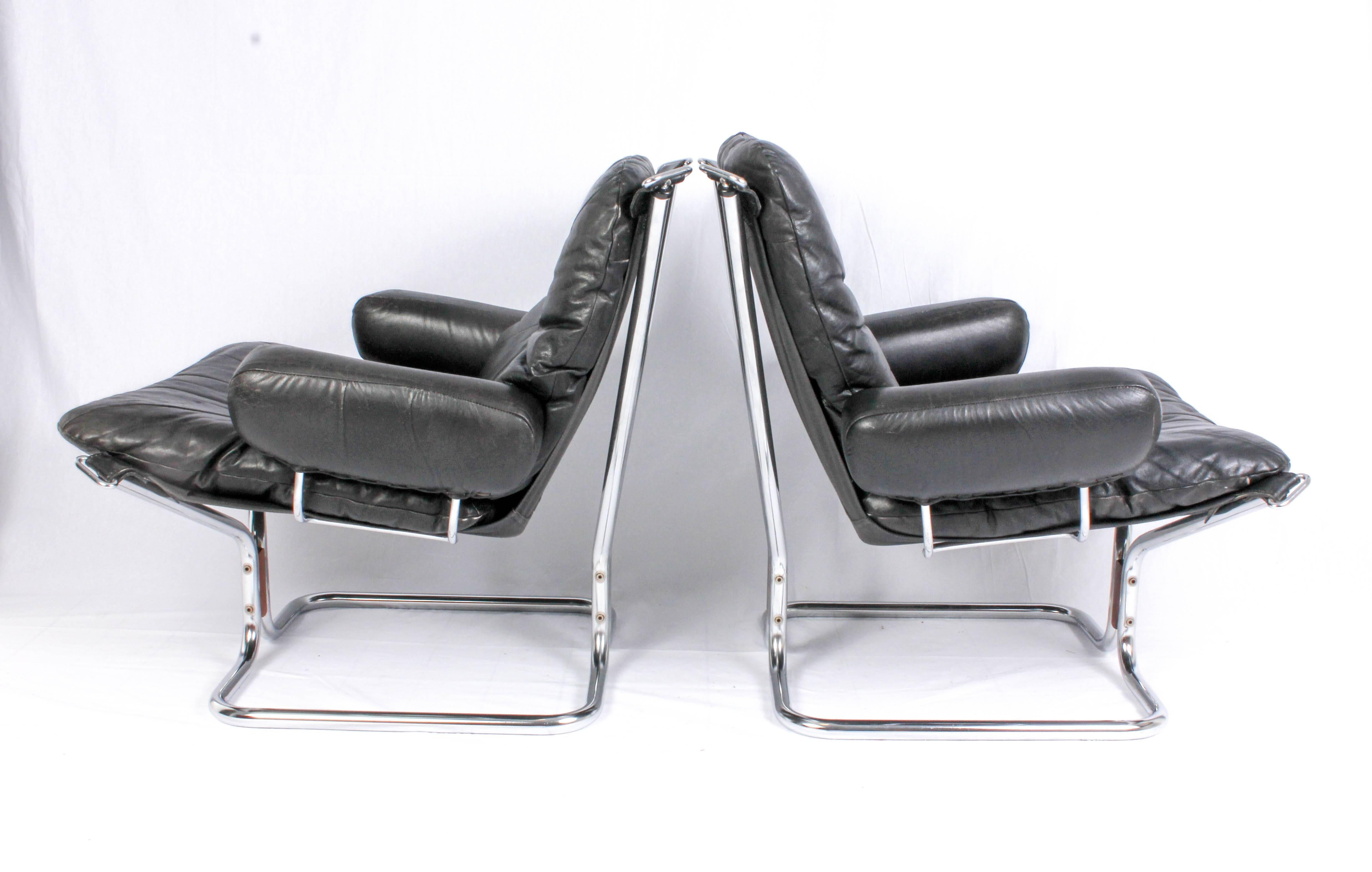 Norwegian Pair of Midcentury Leather & Chrome Lounge Chairs and Ottoman by Ingmar Relling