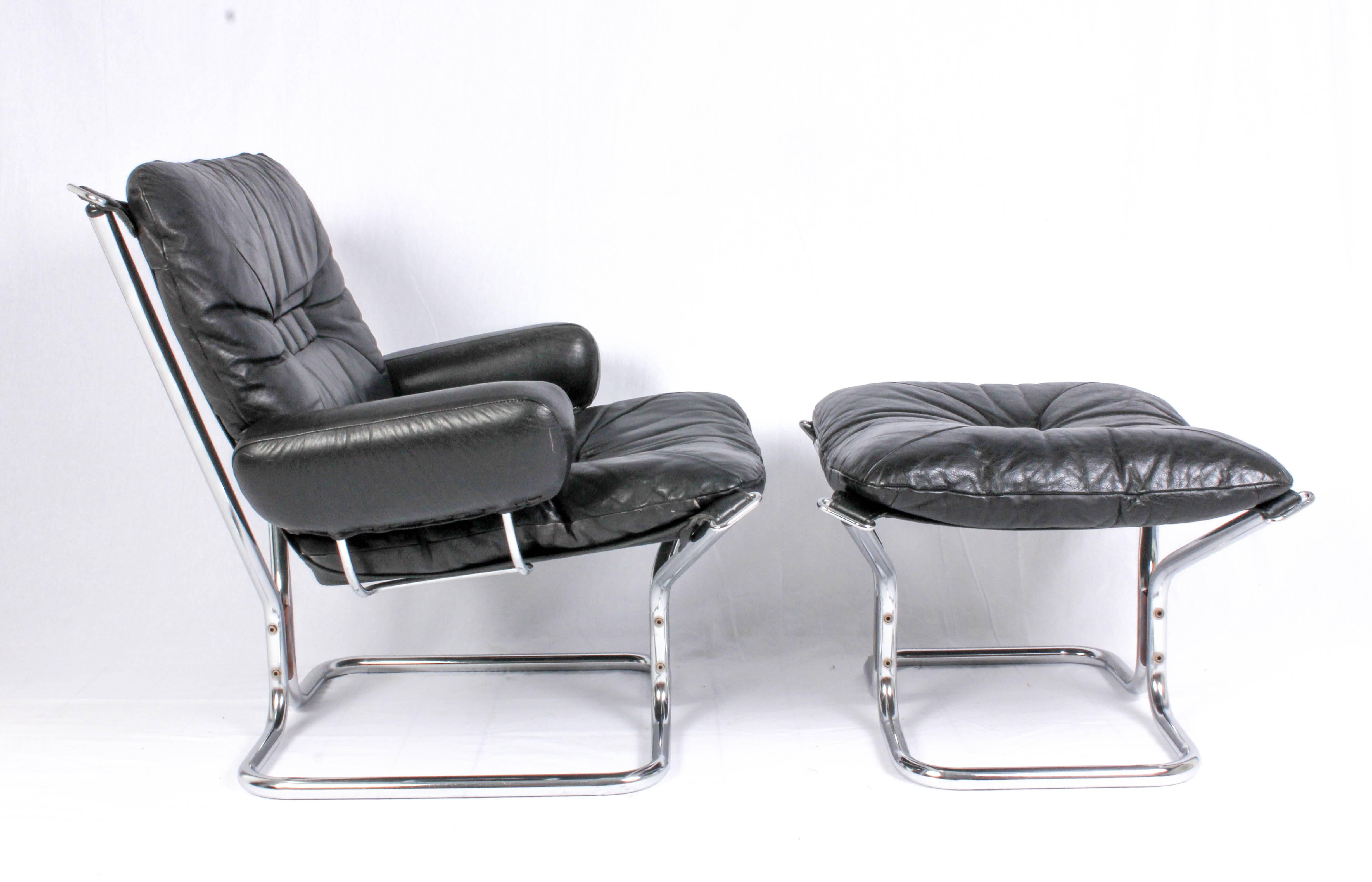 Pair of Midcentury Leather & Chrome Lounge Chairs and Ottoman by Ingmar Relling 1