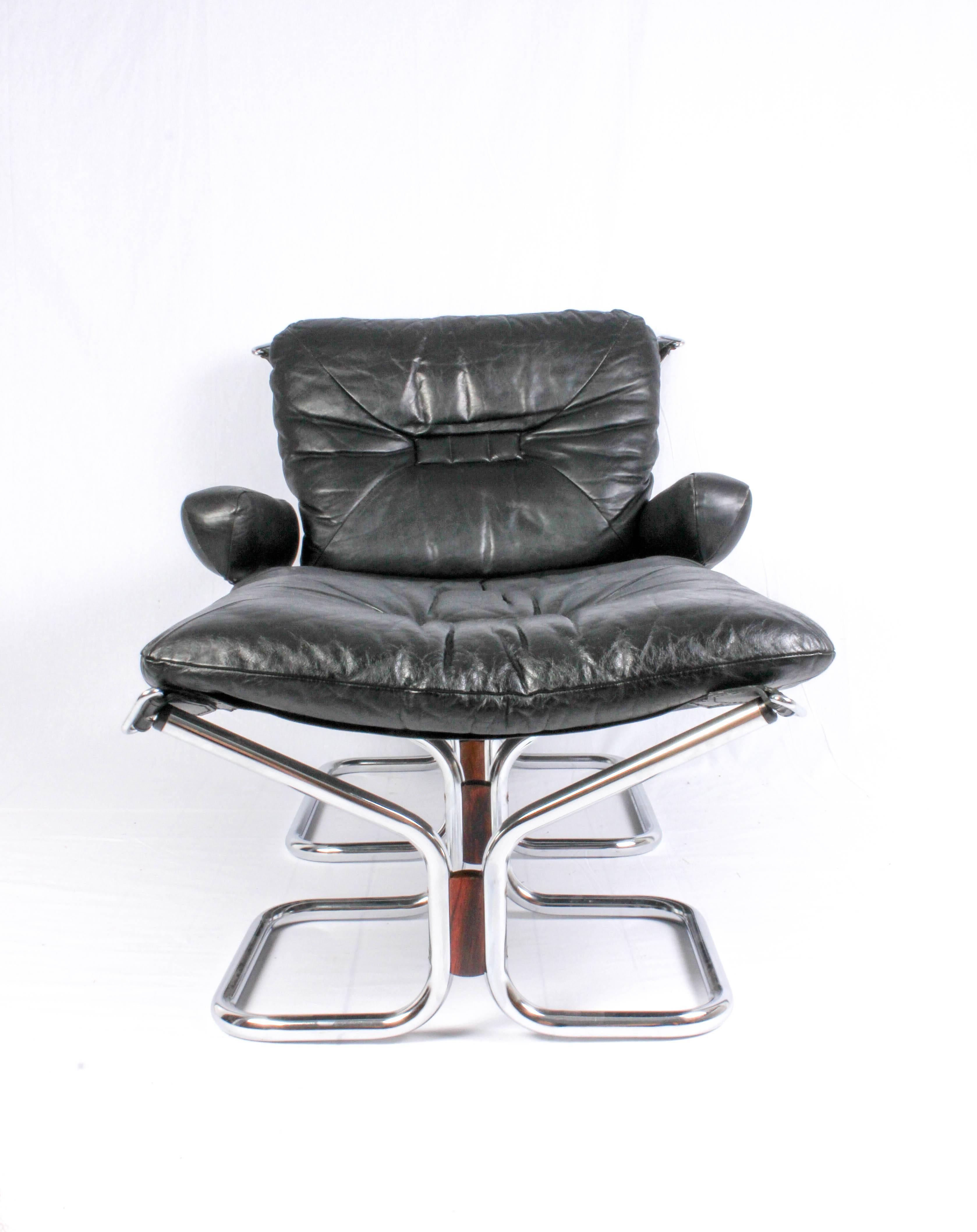 Pair of Midcentury Leather & Chrome Lounge Chairs and Ottoman by Ingmar Relling 2