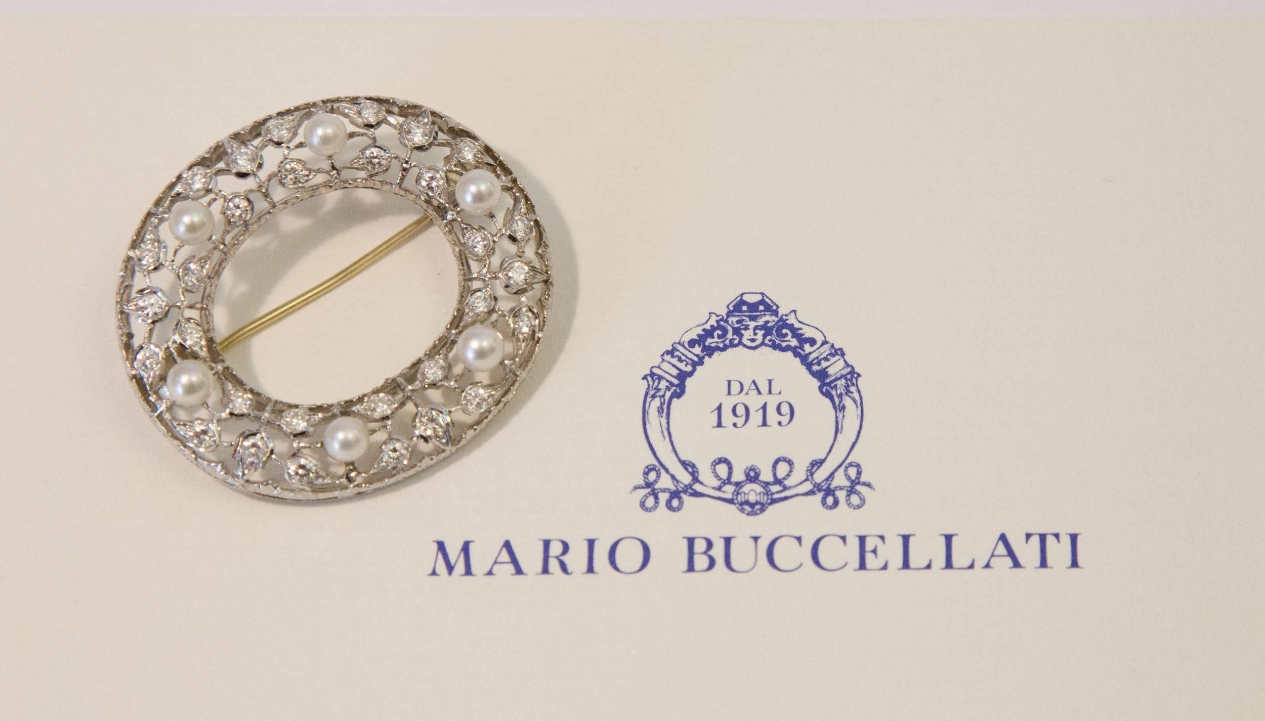 Late 20th Century White Gold Diamonds and Pearls Mario Buccellati Oval Brooch, 1995