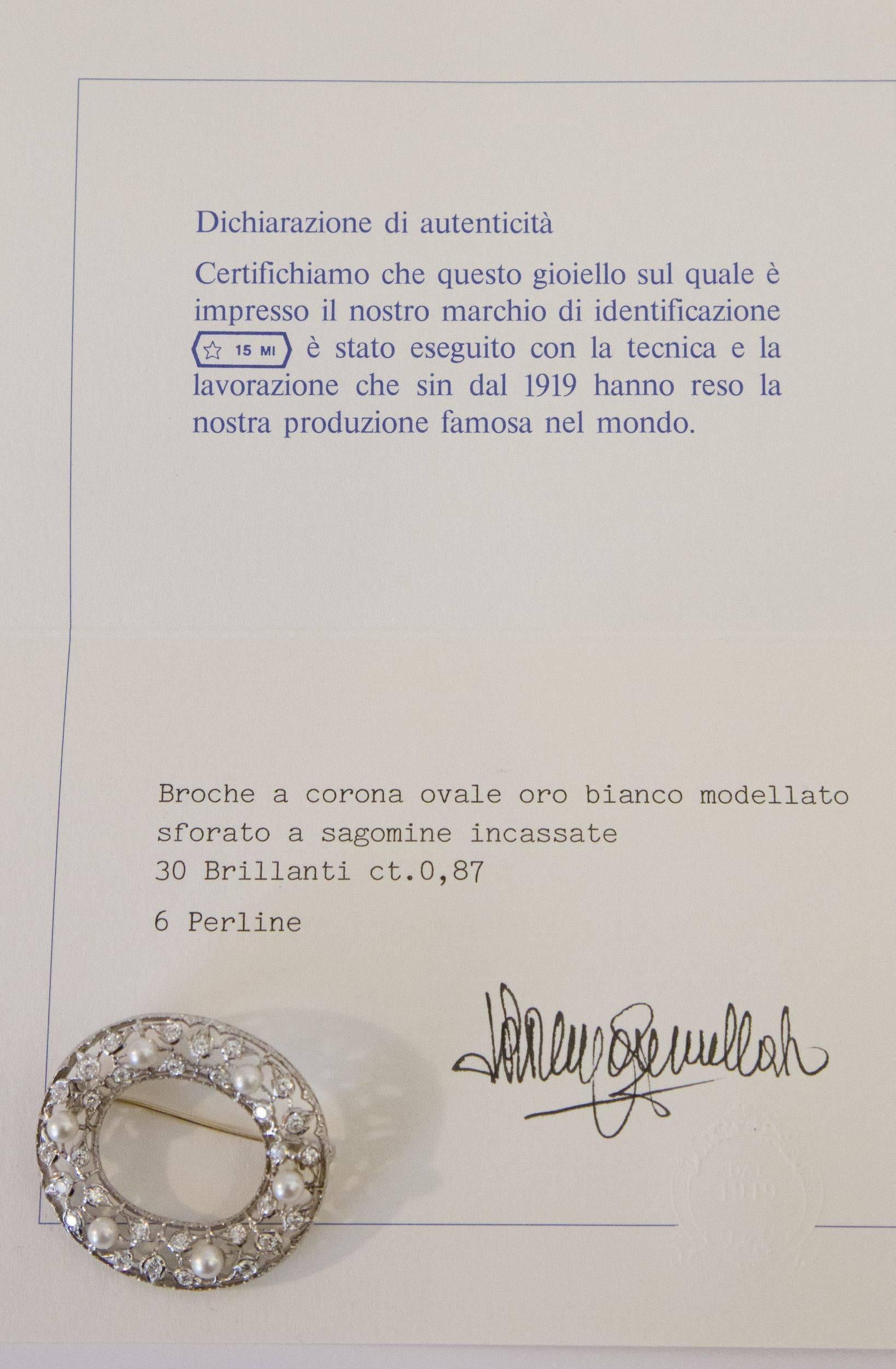 White Gold Diamonds and Pearls Mario Buccellati Oval Brooch, 1995 1