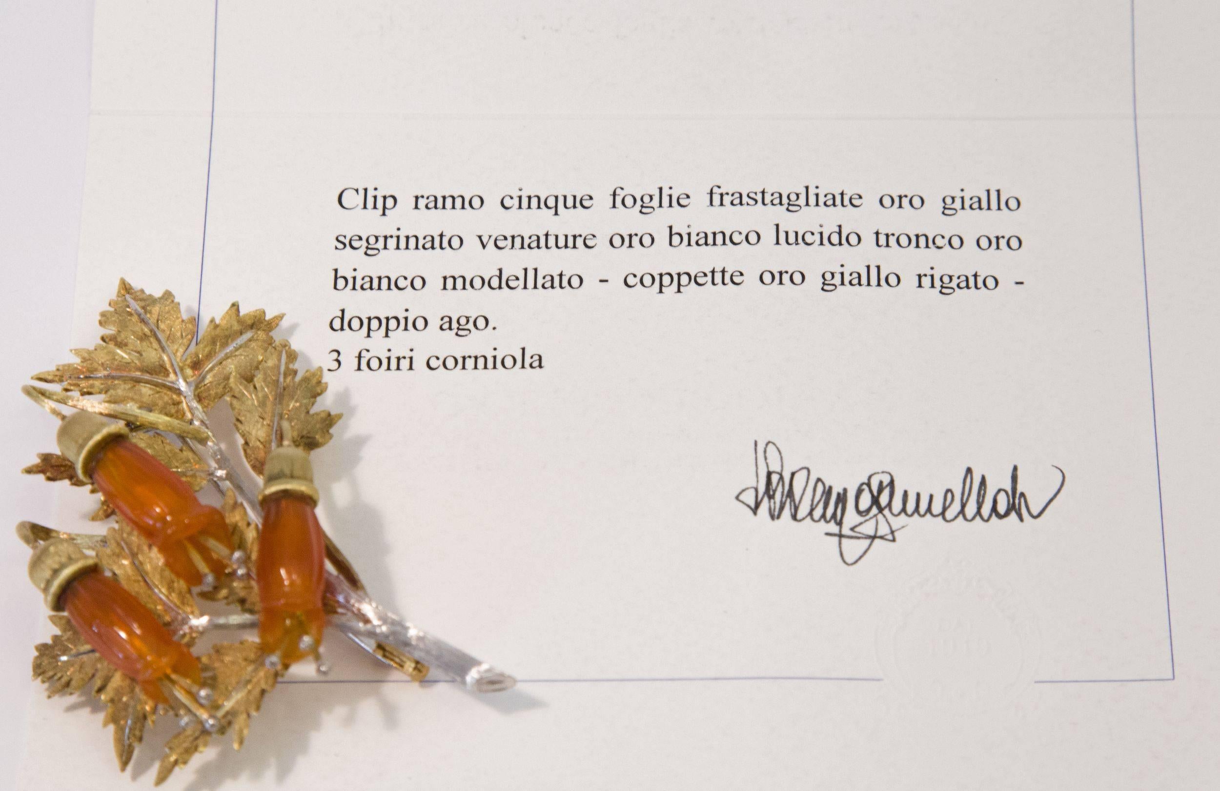 Yellow and White Gold Mario Buccellati Flowered Carnelian Clip In Excellent Condition In Cagliari, IT