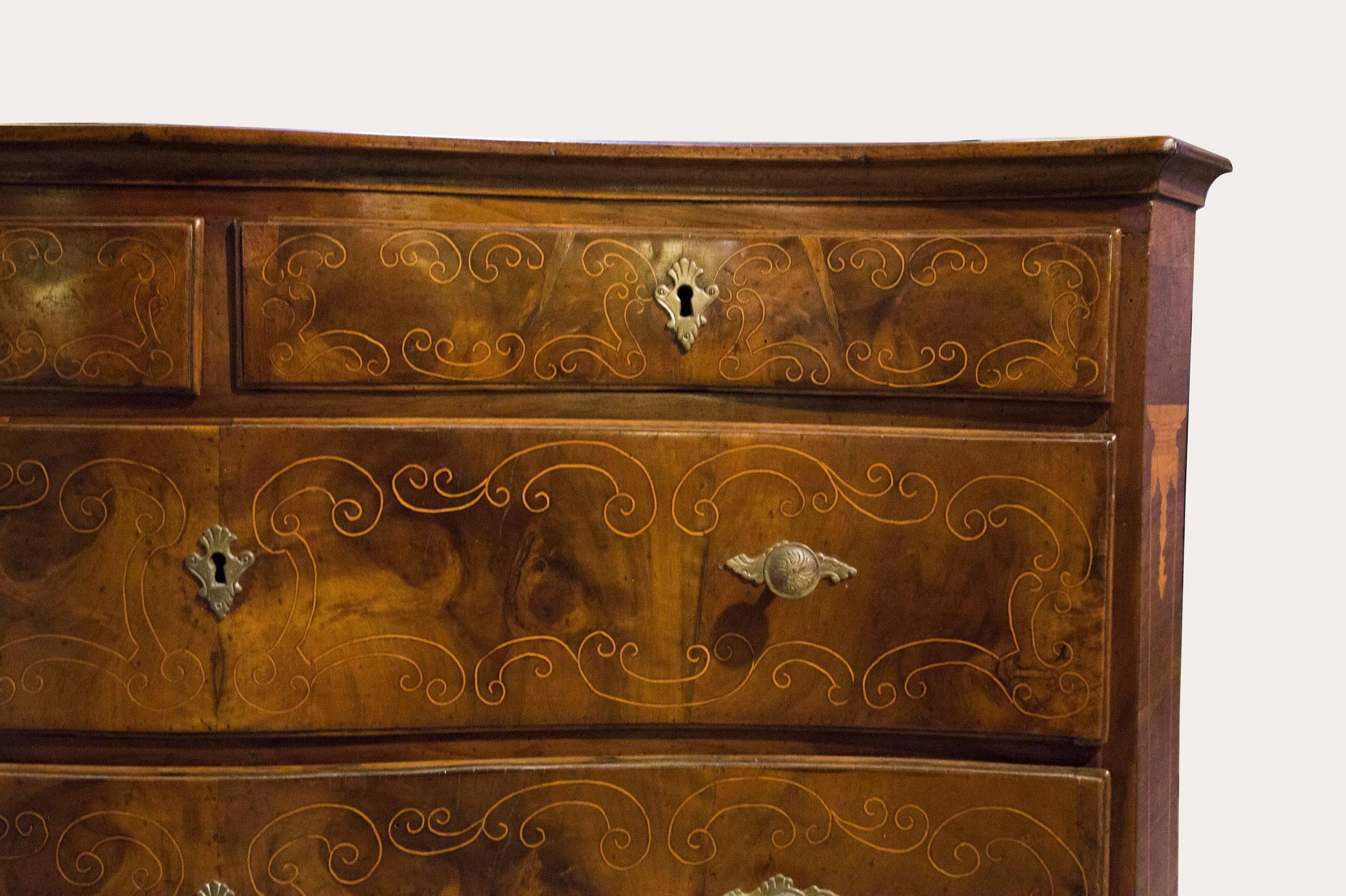 Rococo 18th Century Italian Naples Inlaid Walnut Chest of Drawers, circa 1750 For Sale