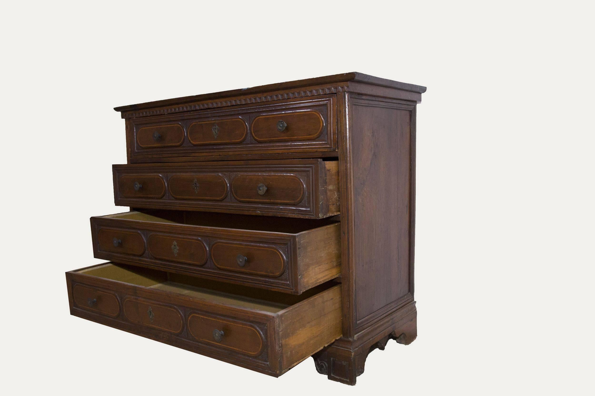 Renaissance 17th Century Northern Italian Walnut Chest of Drawers, circa 1690 For Sale