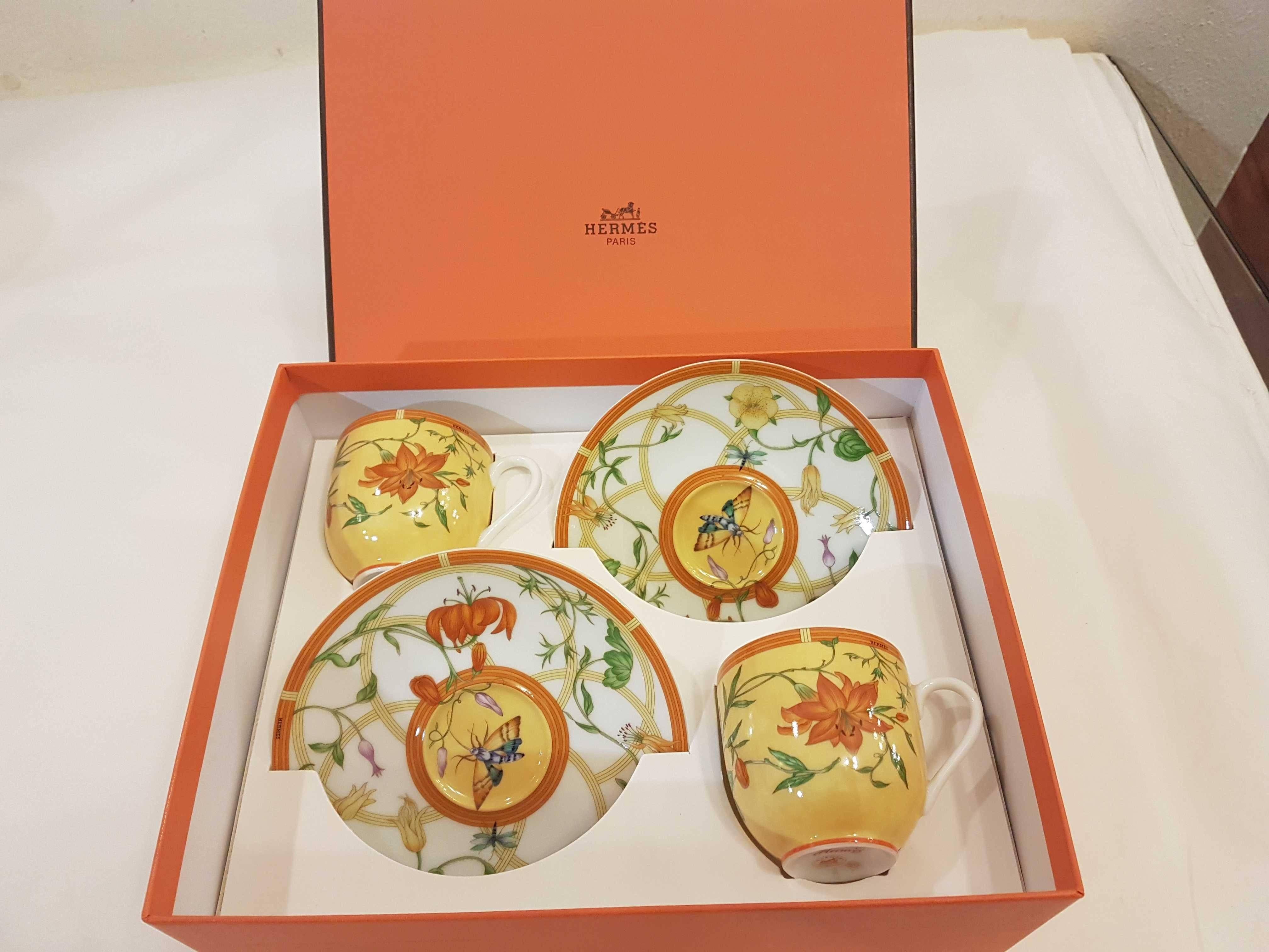 French Hèrmes Siesta Set of Two Porcelain Coffee Cups and Saucers