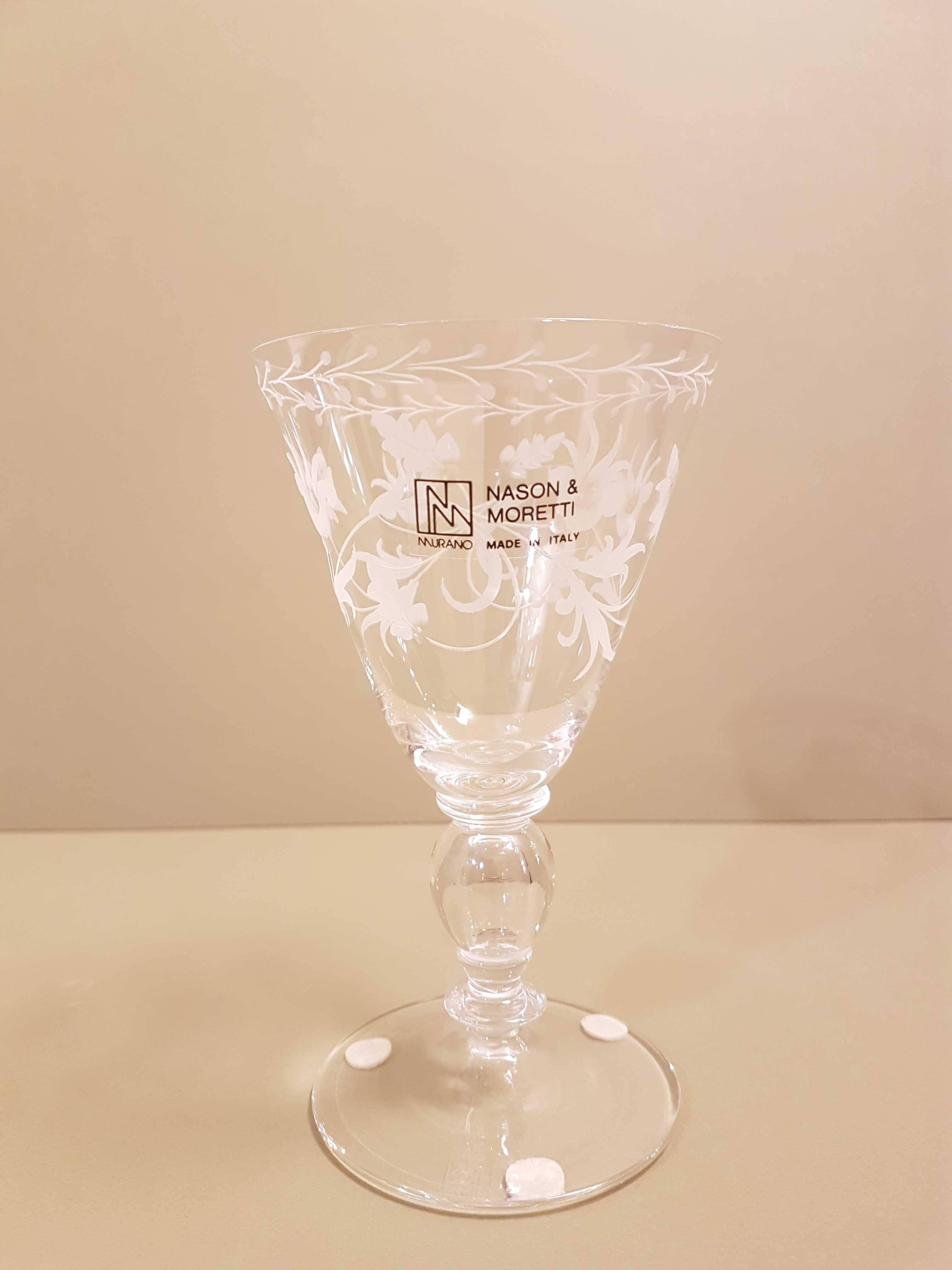 Italian Set of Six Murano Blown and Engraved Wine Glasses, NasonMoretti, Modern