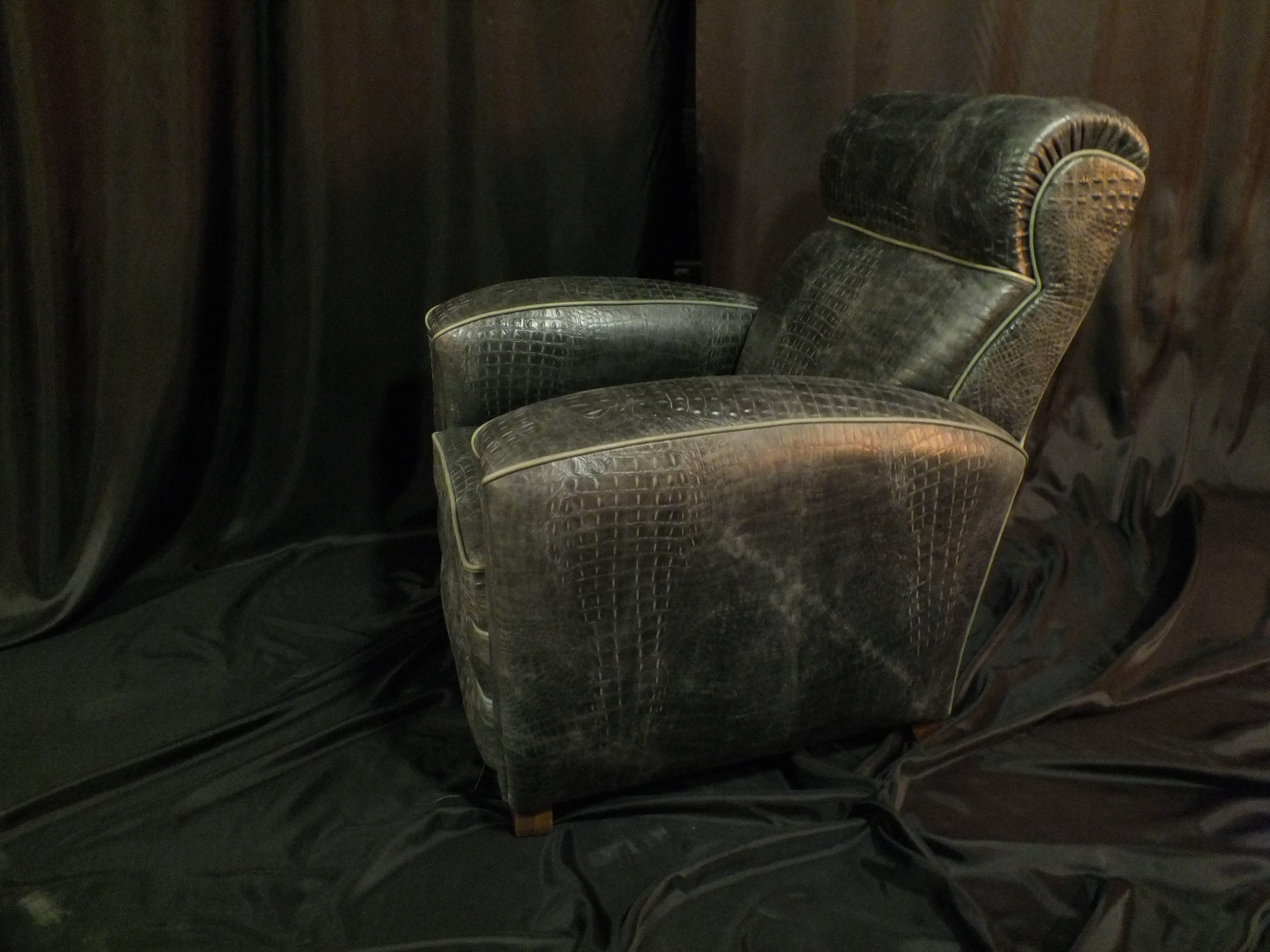 Leather Two Club Chair Croco Style Art Deco For Sale