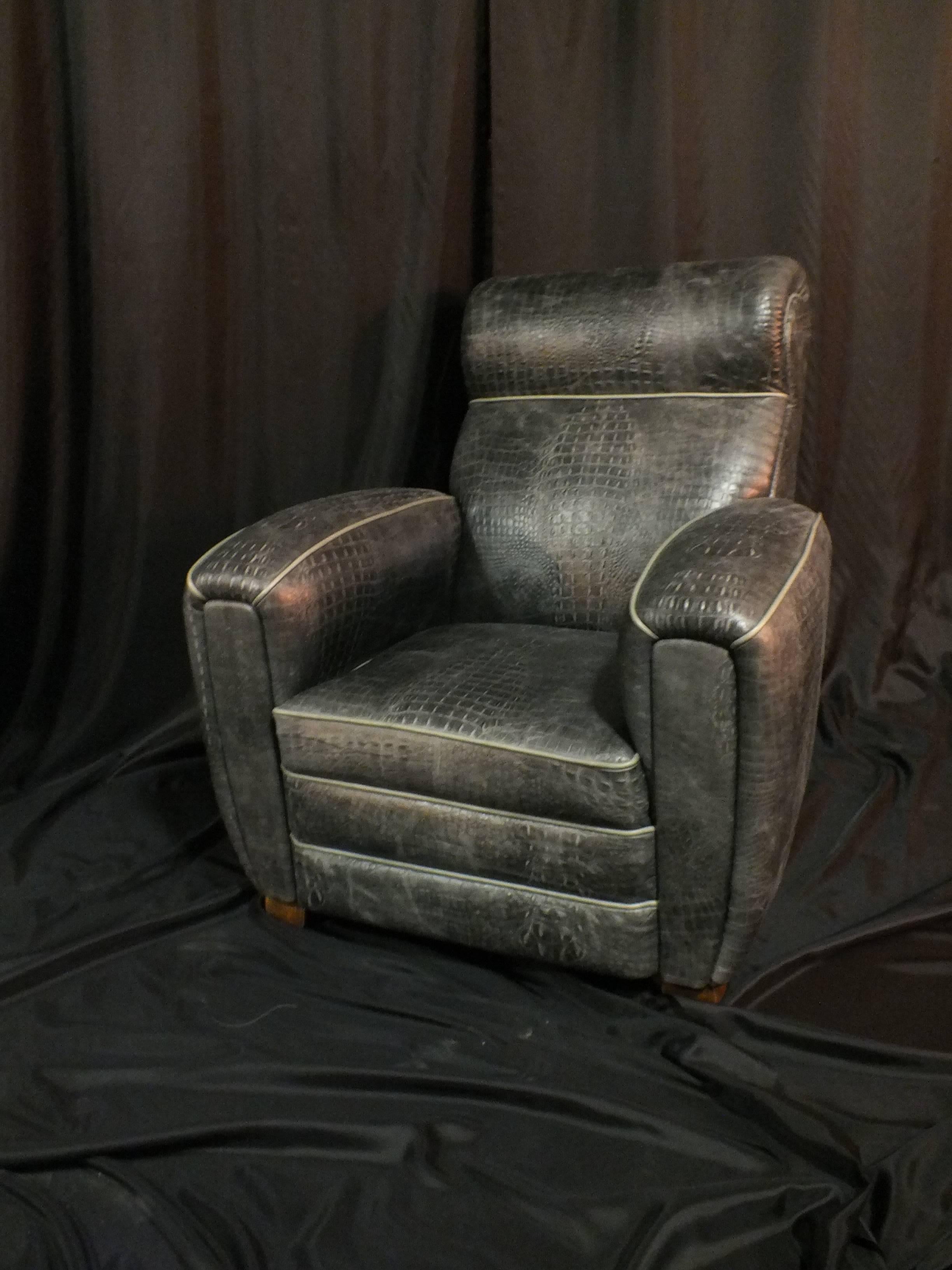 Oiled Two Club Chair Croco Style Art Deco For Sale