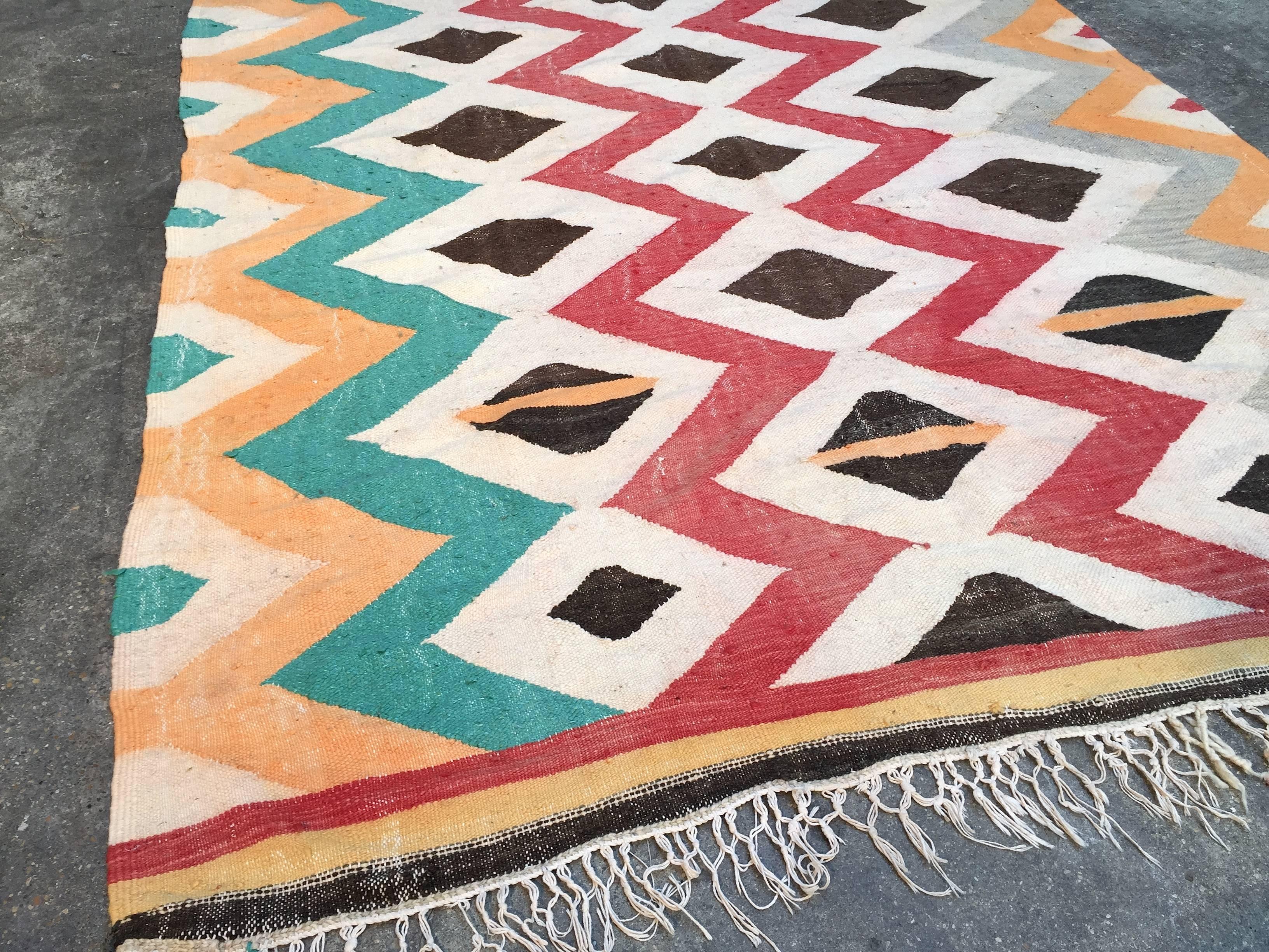 Vintage Moroccan Kilim rug
Handwoven wool, cotton
One of a kind abstract piece 
1980s.