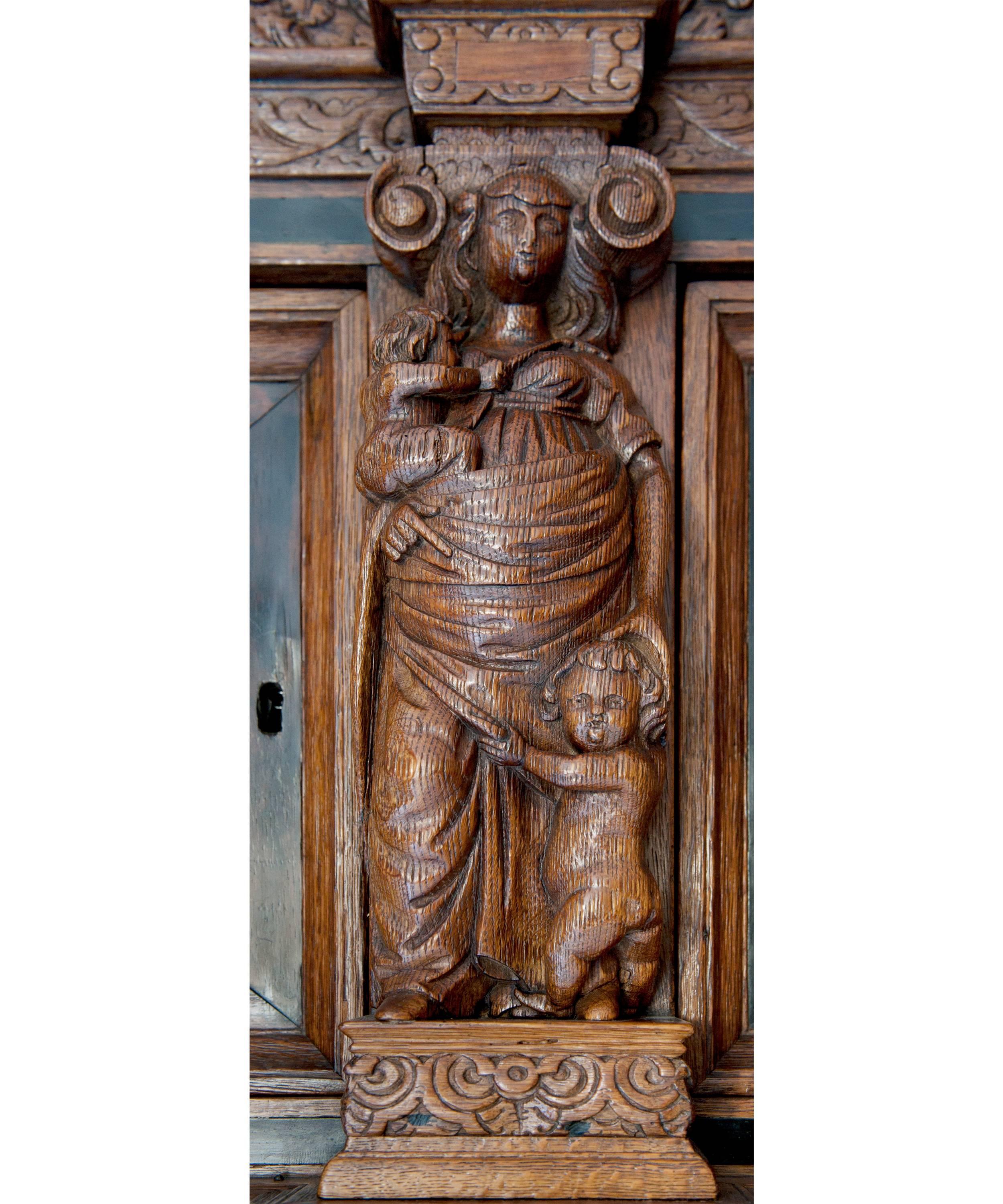 Hand-Carved 17th Century Dutch Oak Cupboard with the Seven Virtues For Sale