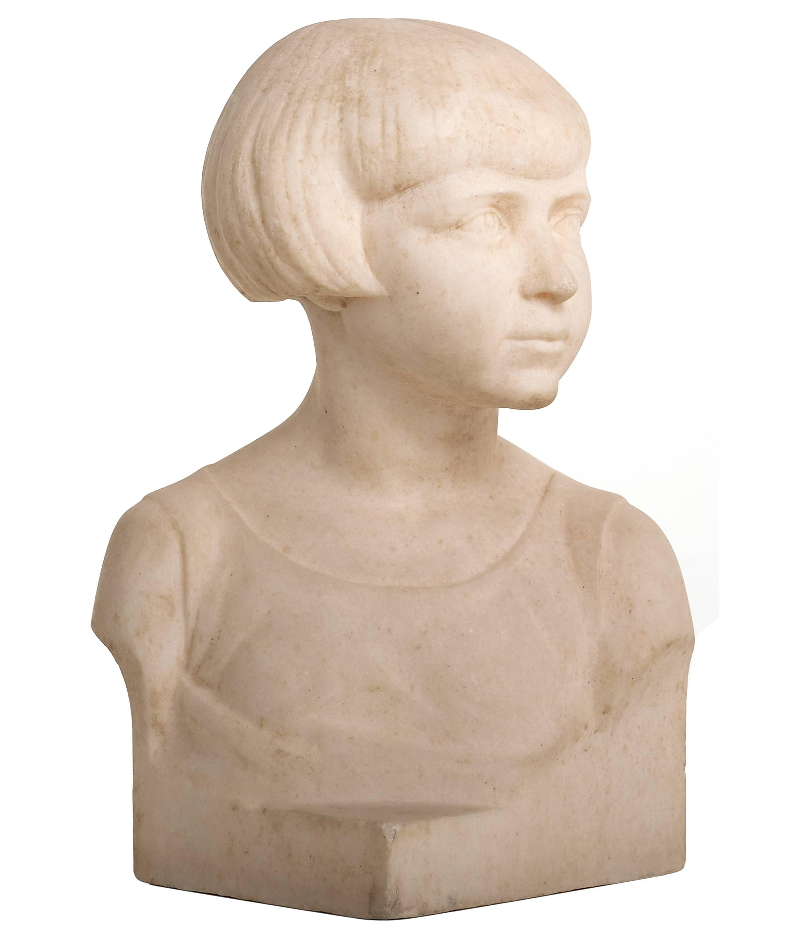 Art Deco Pair of Marble Busts of a Girl and Boy by B. Tedeschi In Good Condition For Sale In Amsterdam, NL