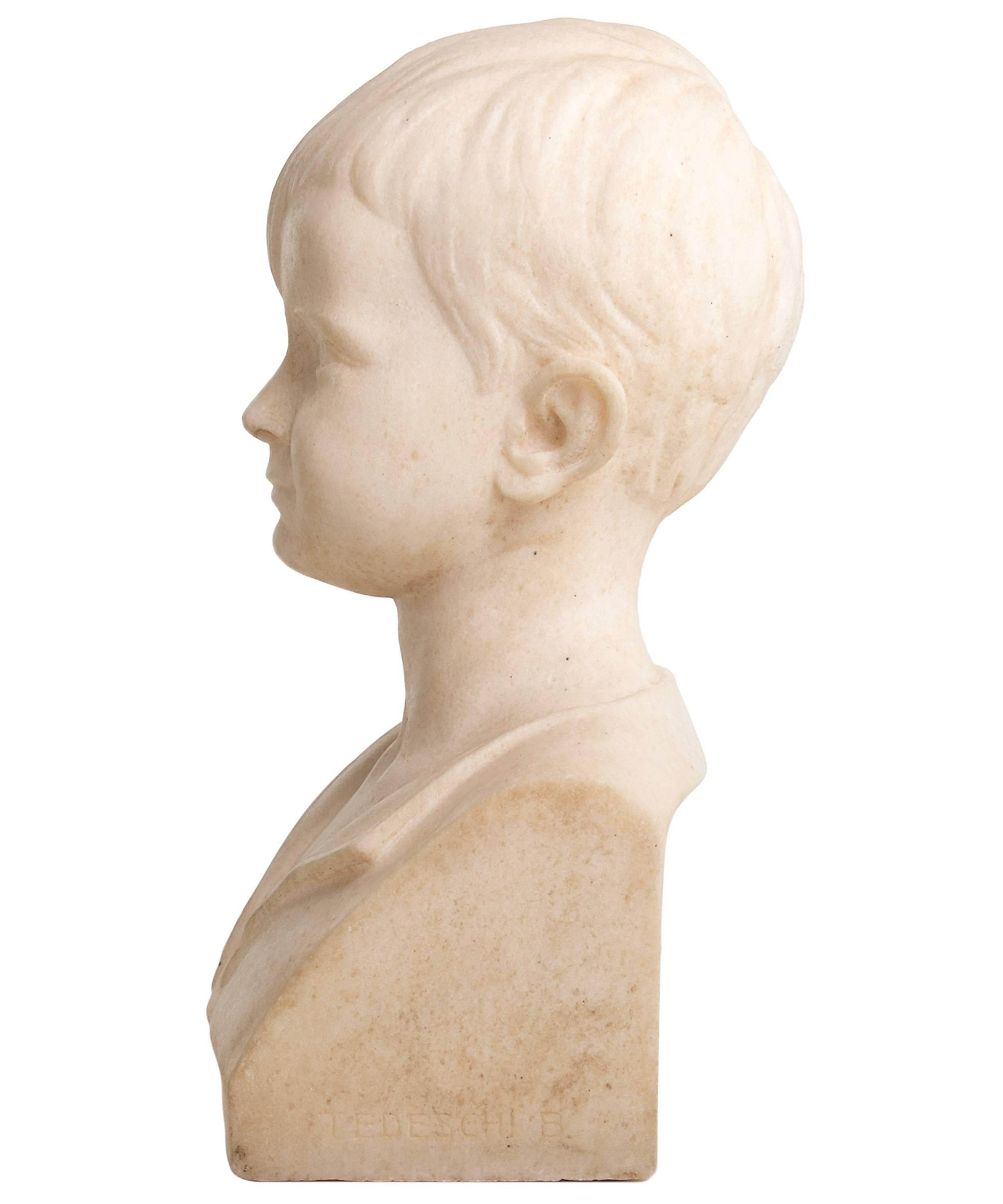 Art Deco Pair of Marble Busts of a Girl and Boy by B. Tedeschi For Sale 1