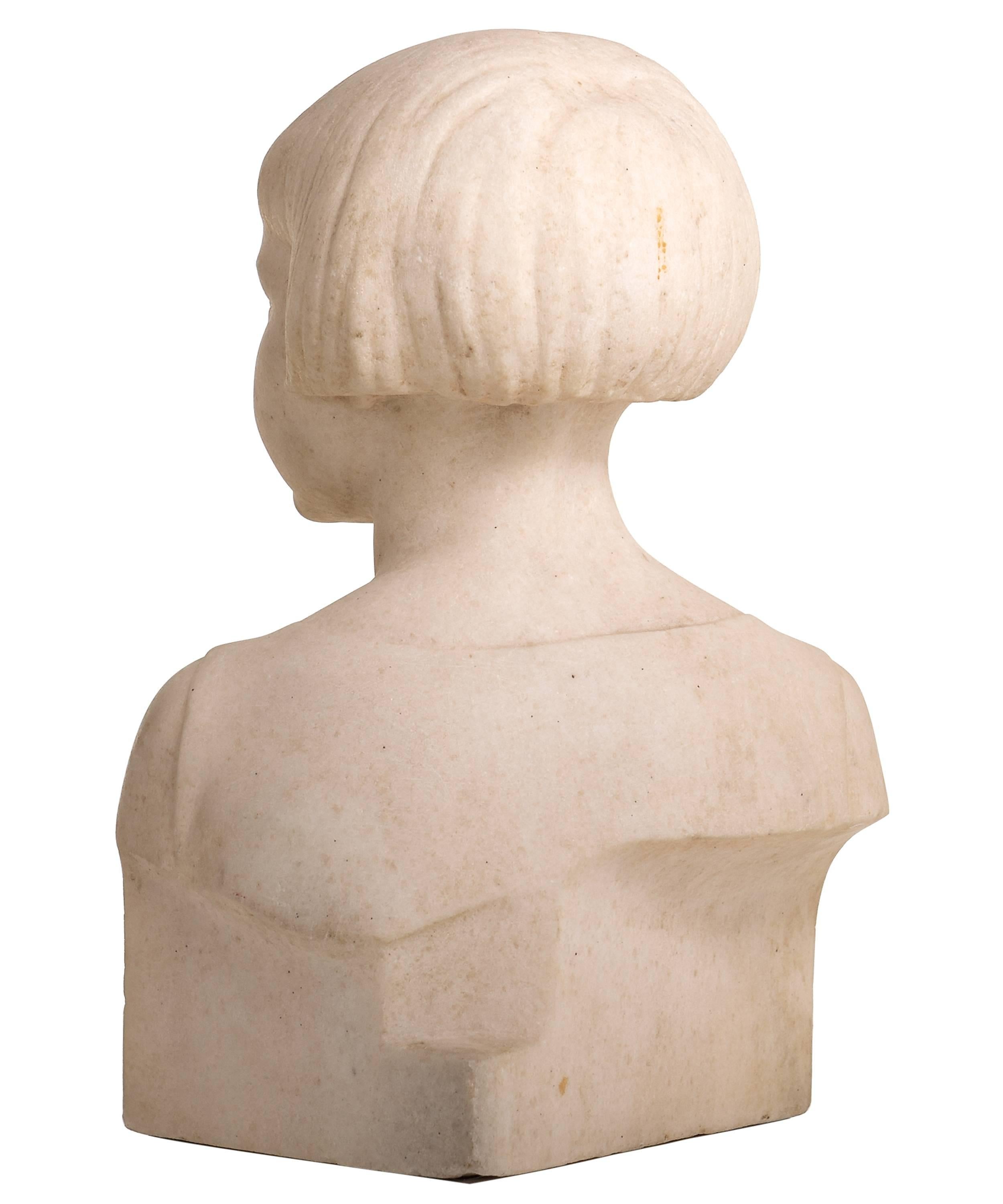 Hand-Carved Art Deco Pair of Marble Busts of a Girl and Boy by B. Tedeschi For Sale