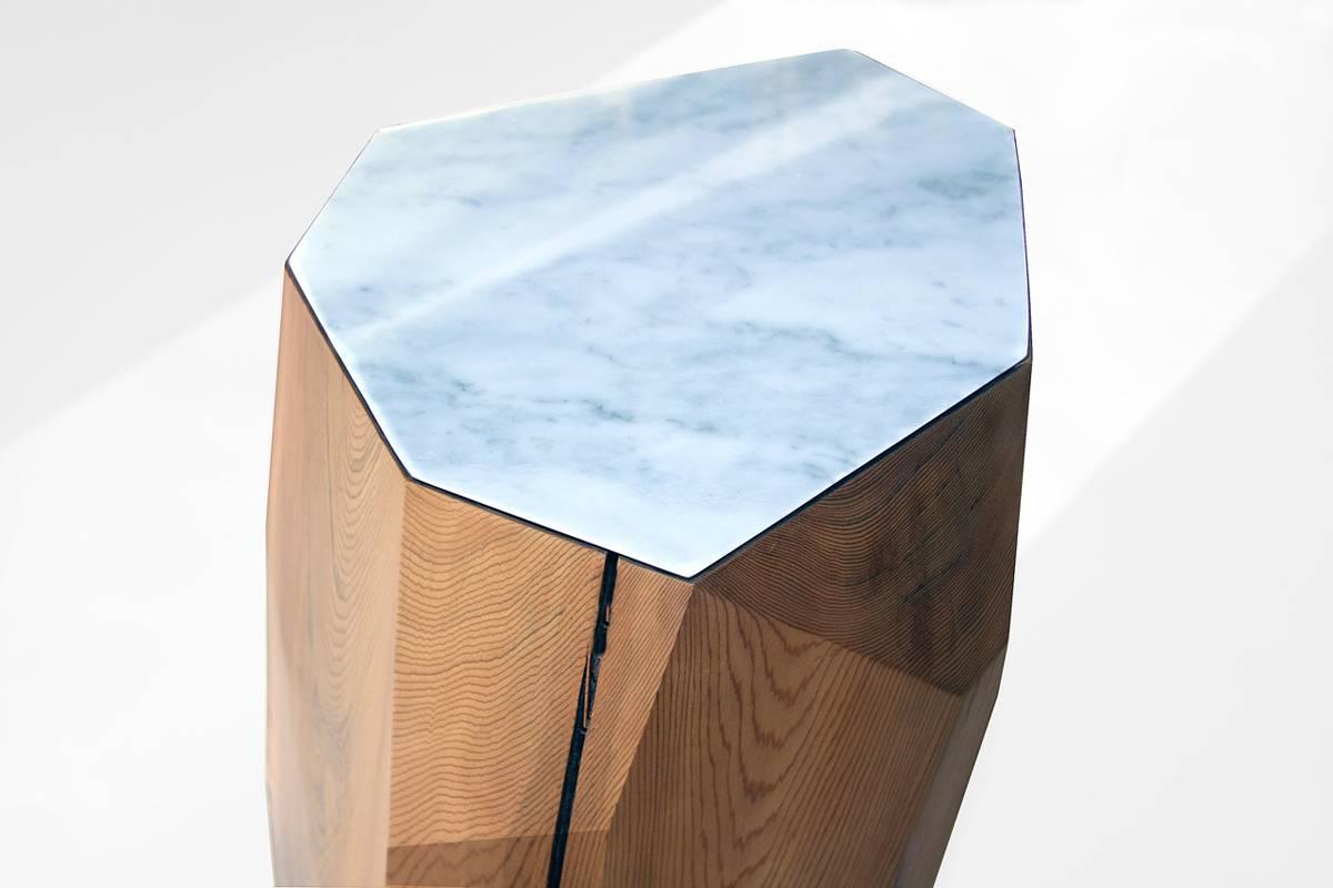 Metal Stool / Table in Carbon Dyed Cedar with Carrara Marble Top by Hinterland Design For Sale