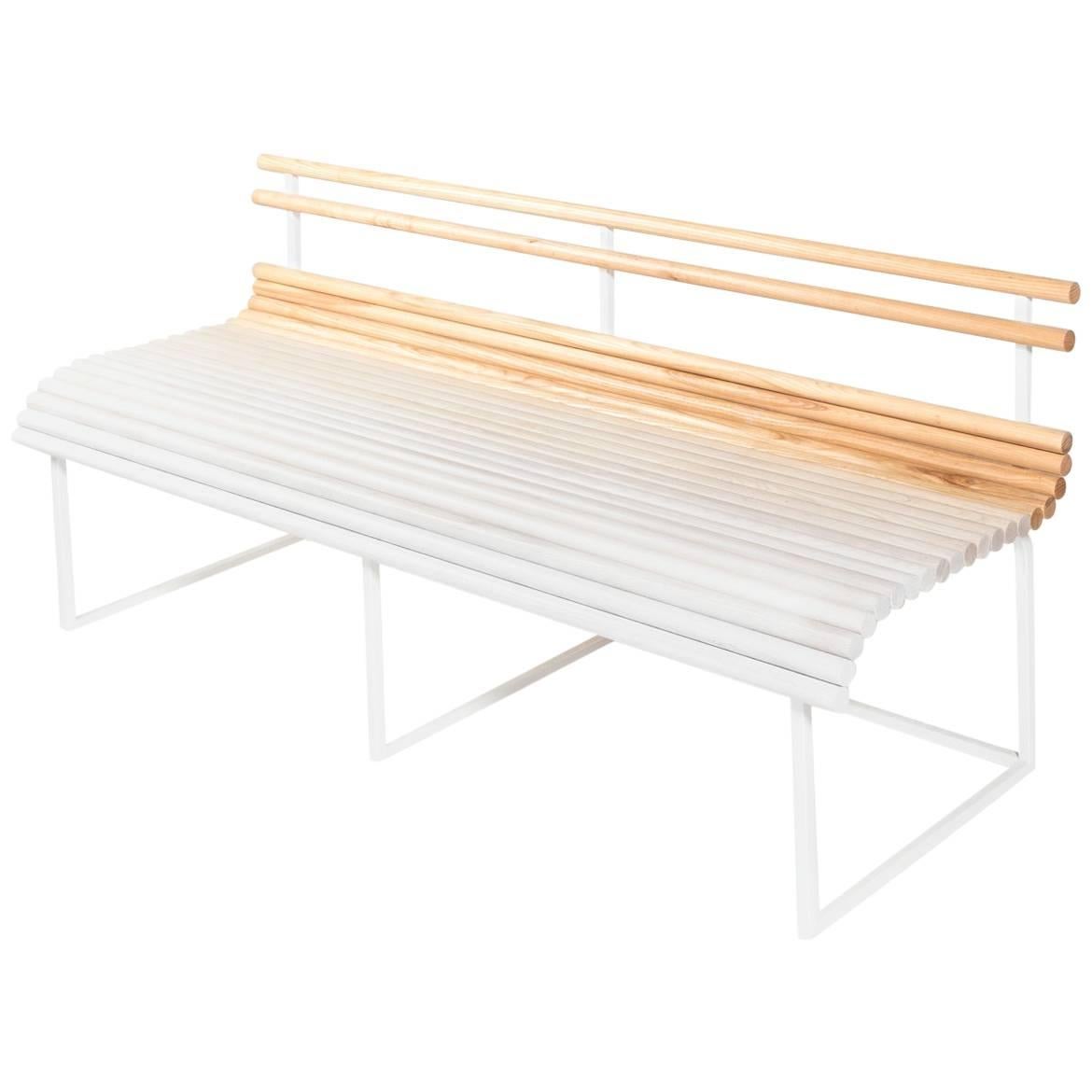 Ash Bench with Gradated White Dowels and White Frame by Hinterland Design