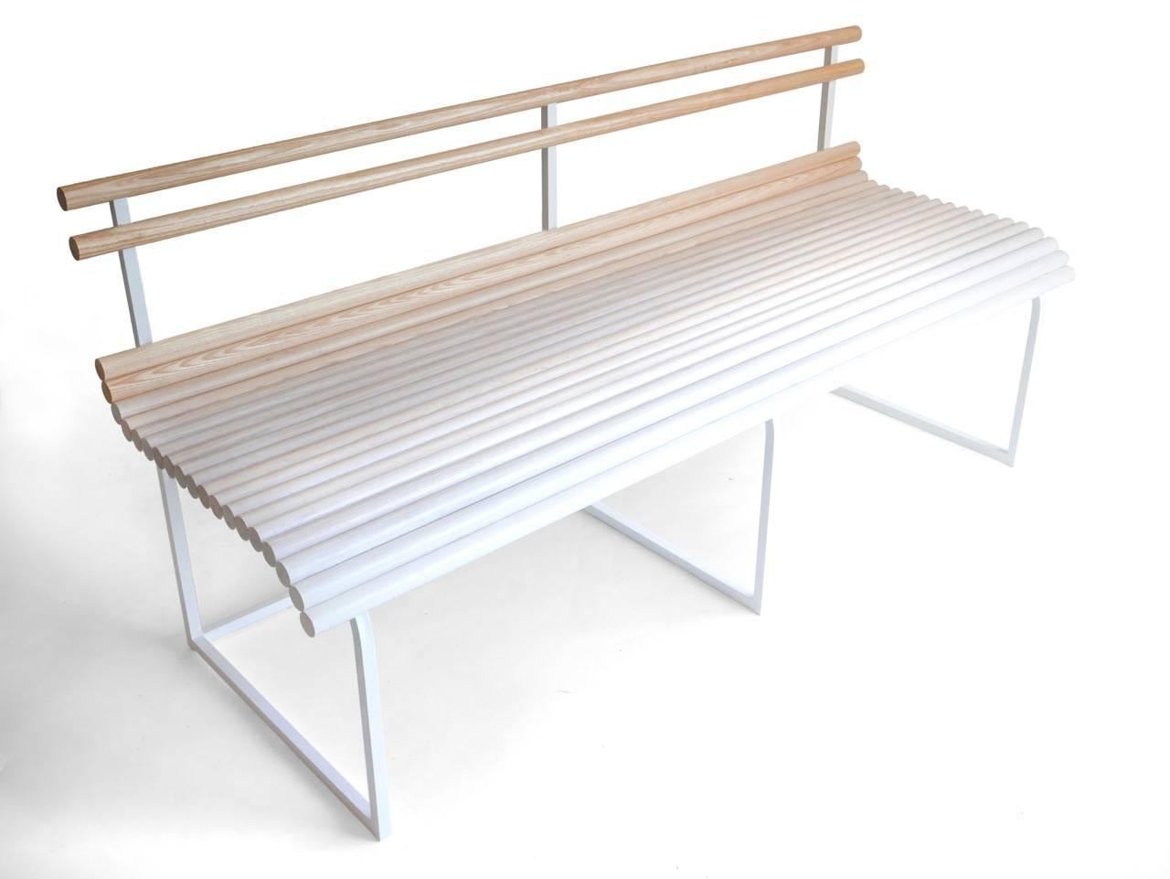 Modern Ash Bench with Gradated White Dowels and White Frame by Hinterland Design For Sale