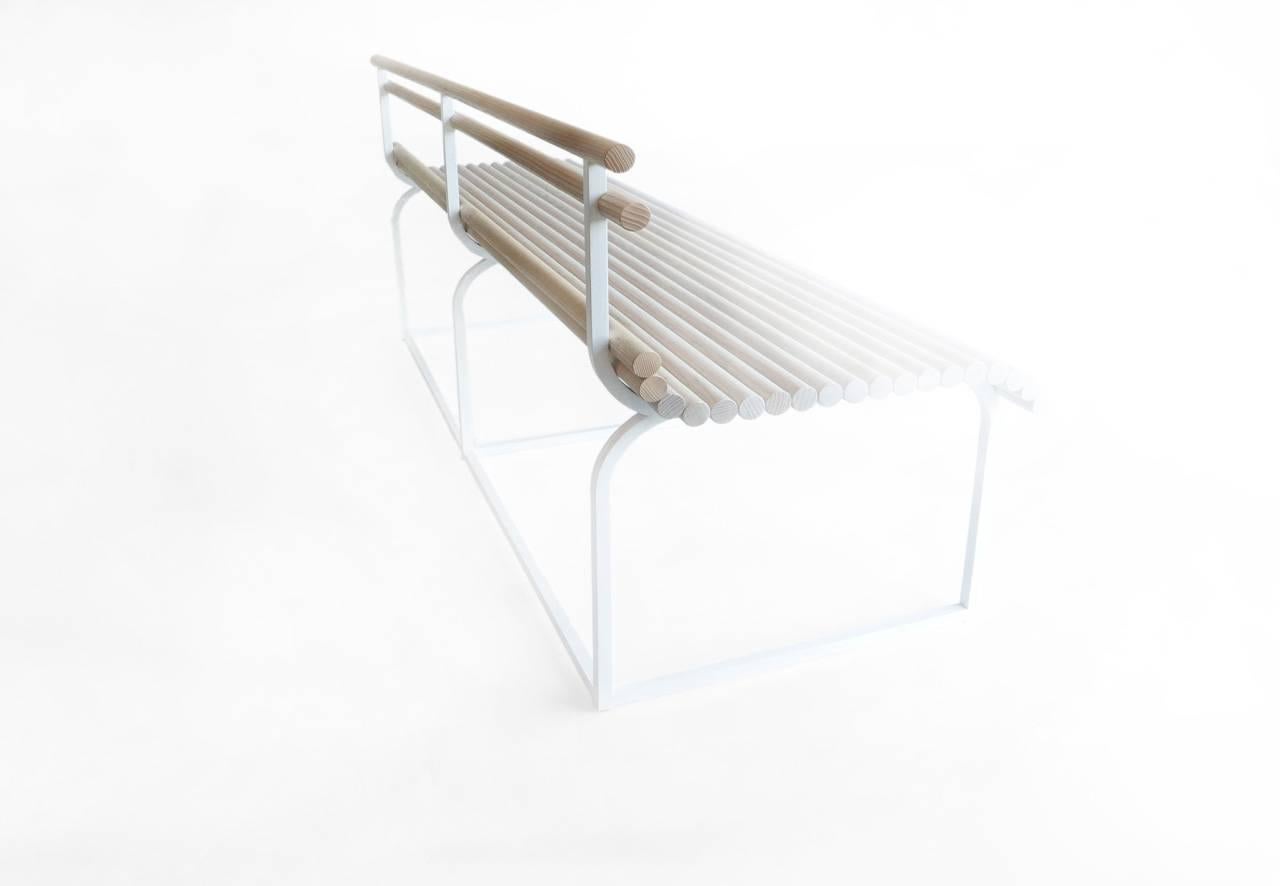 Canadian Ash Bench with Gradated White Dowels and White Frame by Hinterland Design For Sale