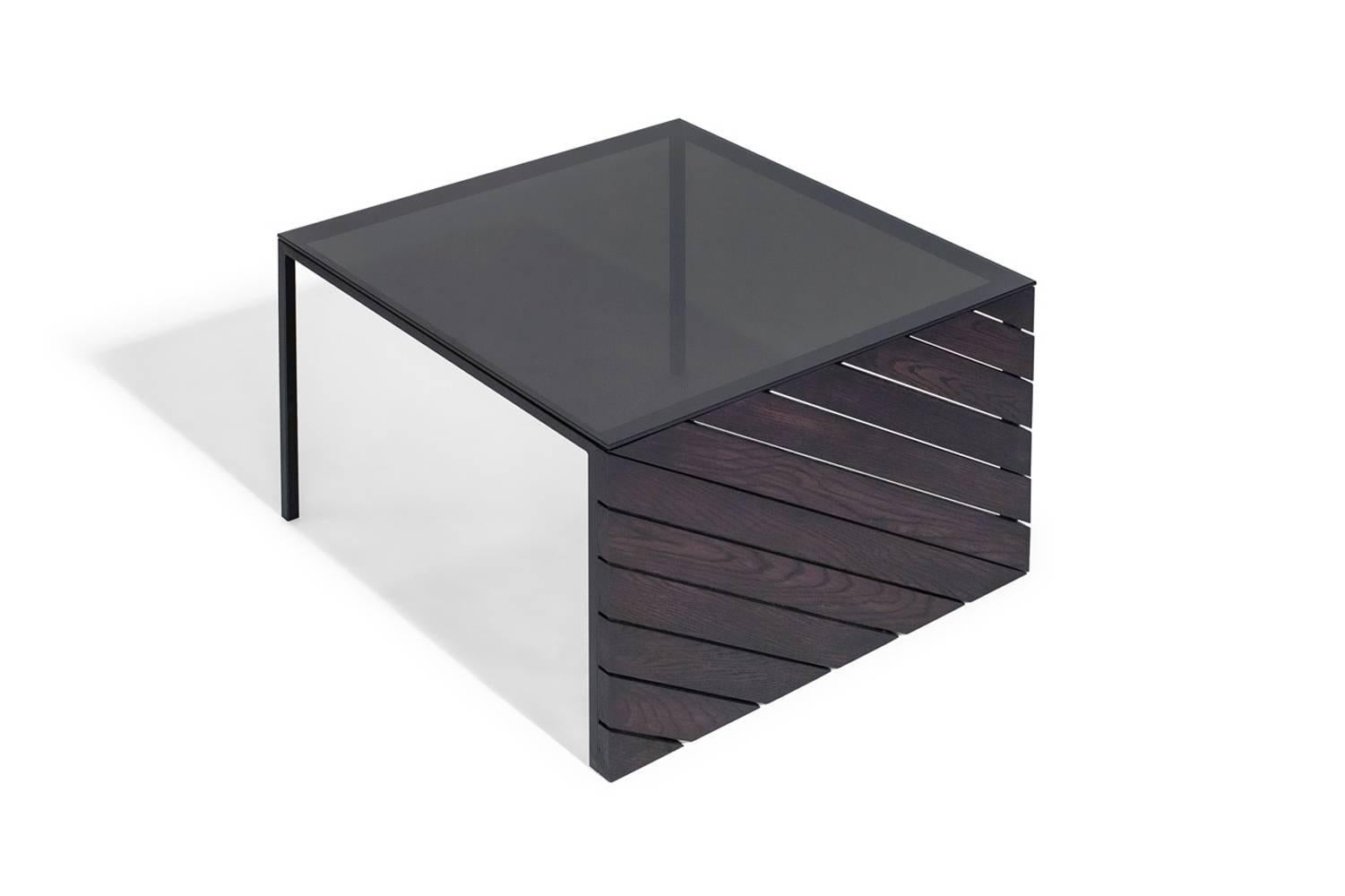 Modern Coffee Table in Ash with Steel Frame and Gray Glass Top by Hinterland Design For Sale