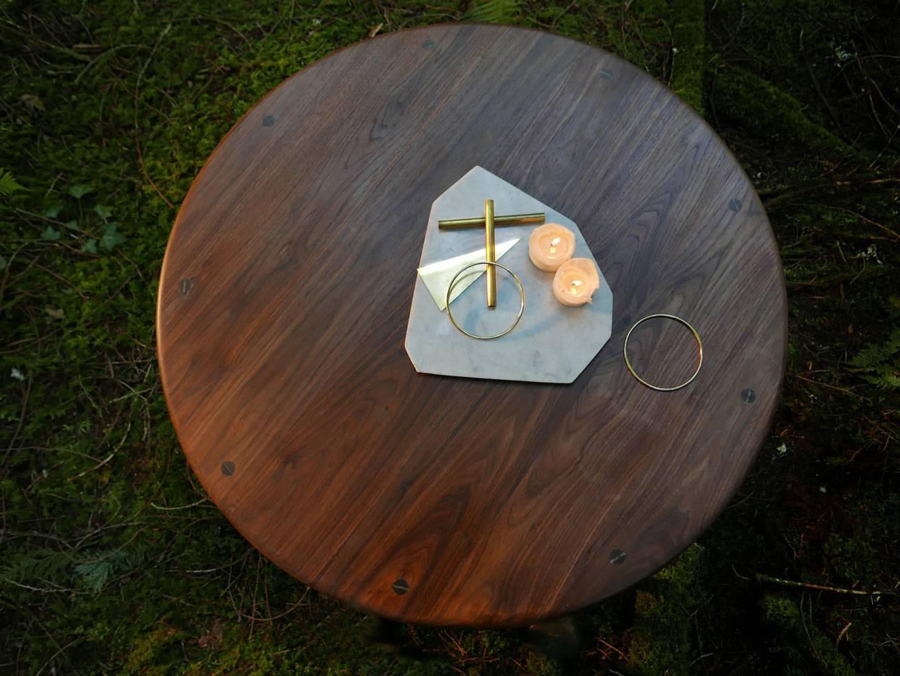 Brass Hand Carved White Ash Stool with Copper Ring by Hinterland Design For Sale