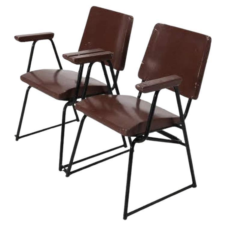 Set of  Six Chairs Attributed to BBPR Studio Style Mid-Century Modern Wood Steel For Sale