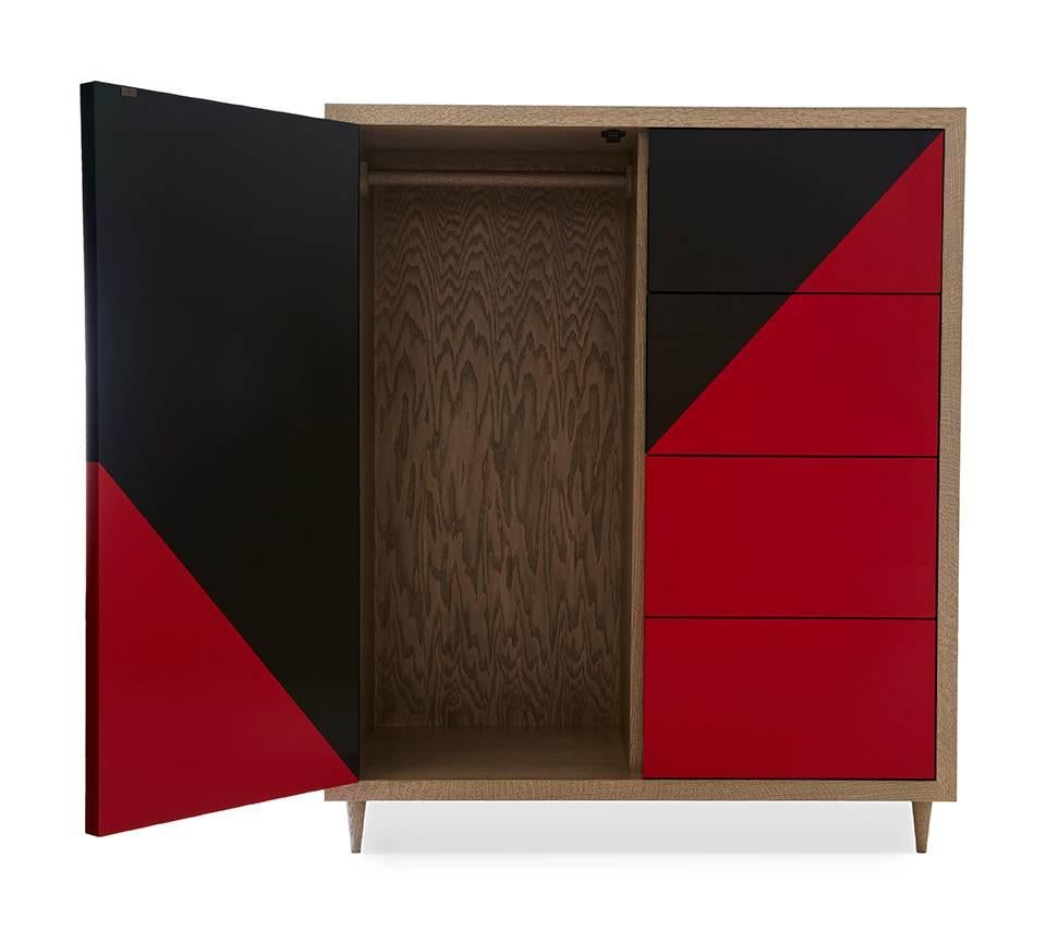 The Duplex dresser is a perfect combination of function and modern minimal design. Its slim and clean profile is ideal for small spaces. Four deep drawers and a hanging space provide convenient storage. It is a perfect dresser, bar, or entertainment