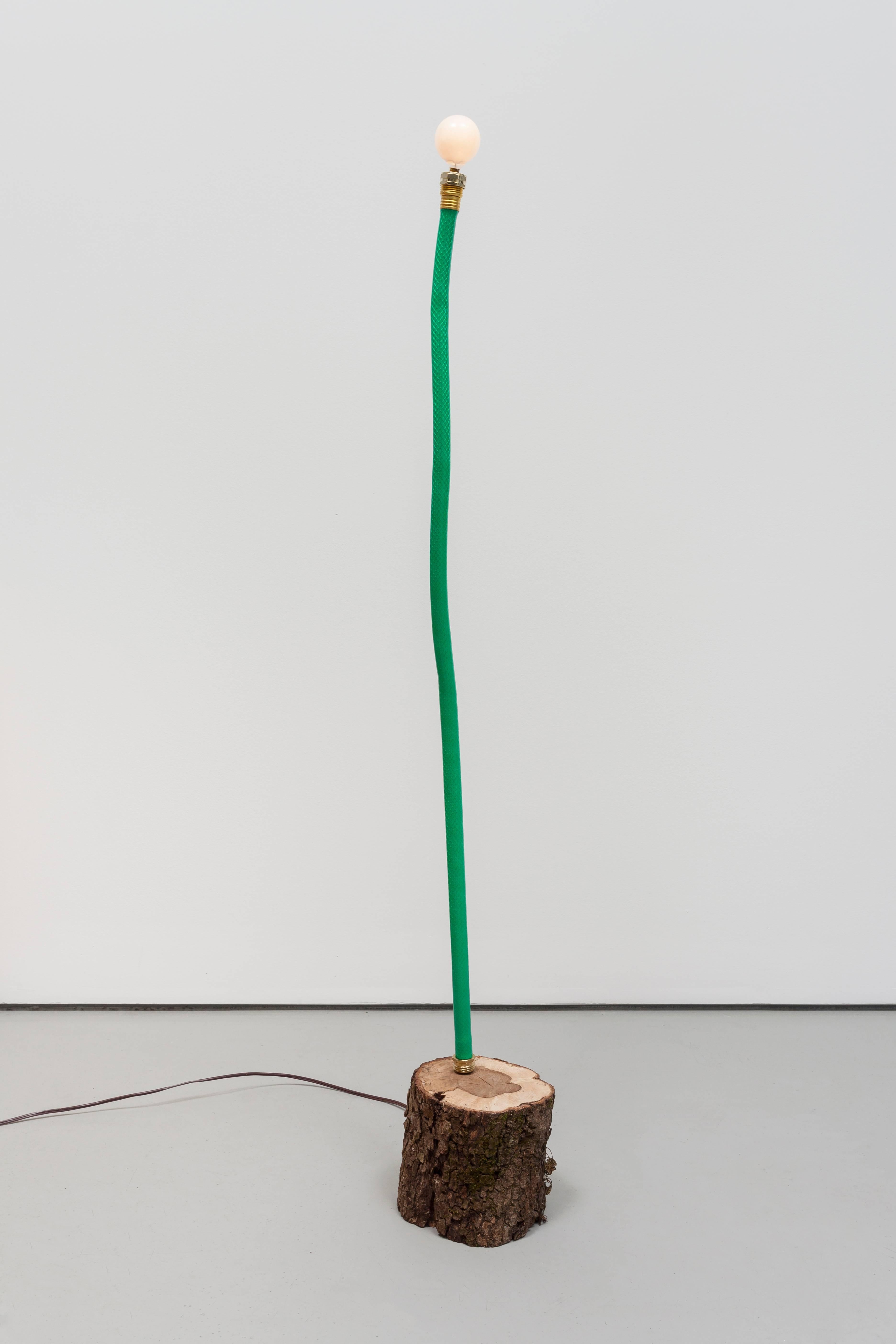 American Floor Lamp with Green Garden Hose and Log Base For Sale