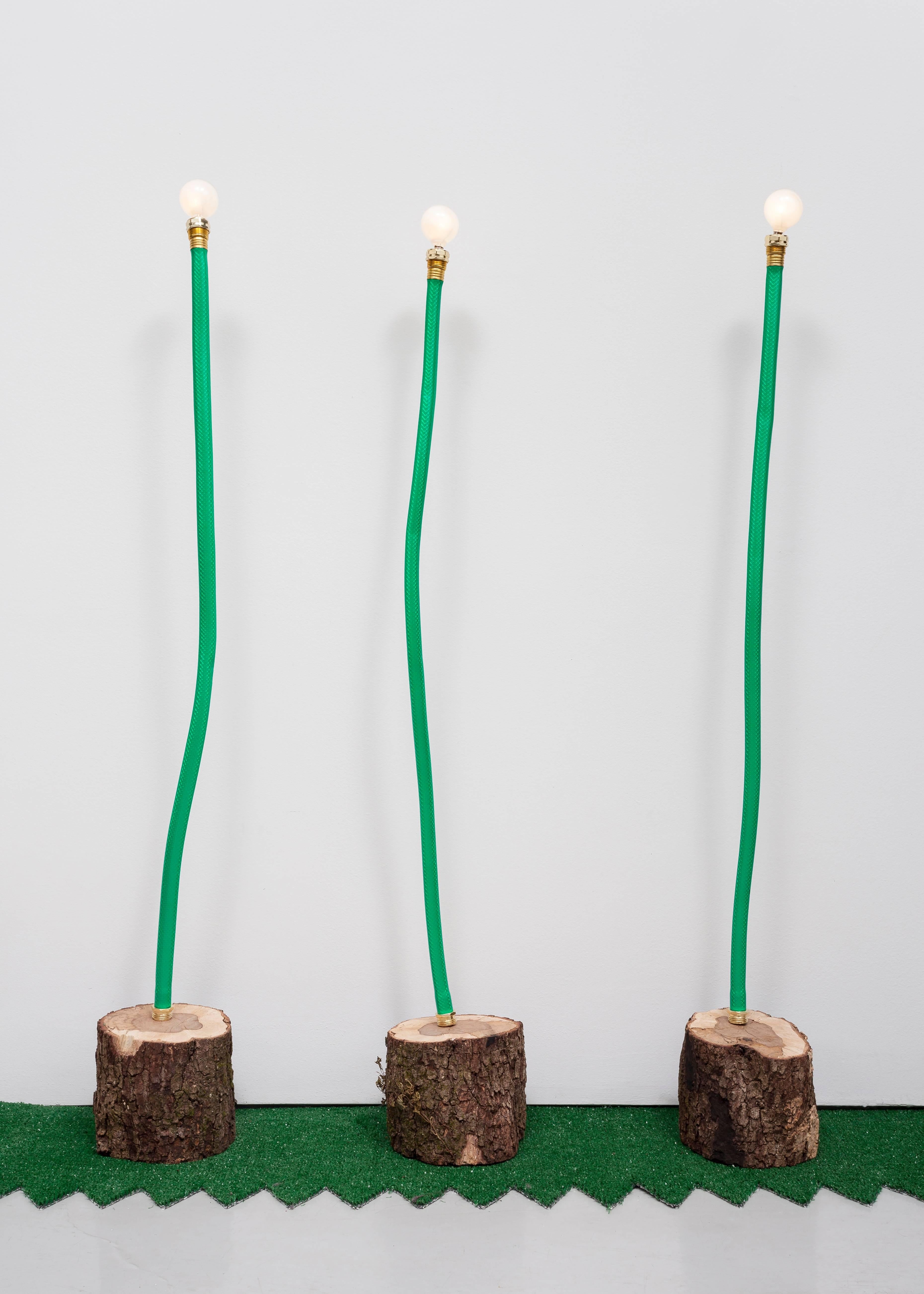 Whimsically designed floor lamp with cured log base (images shown are live oak bases, but wood type can vary) and garden hose. Foot controlled switch and no hassle installation. Uses up to 40w incandescent or up to 60w LED bulbs.