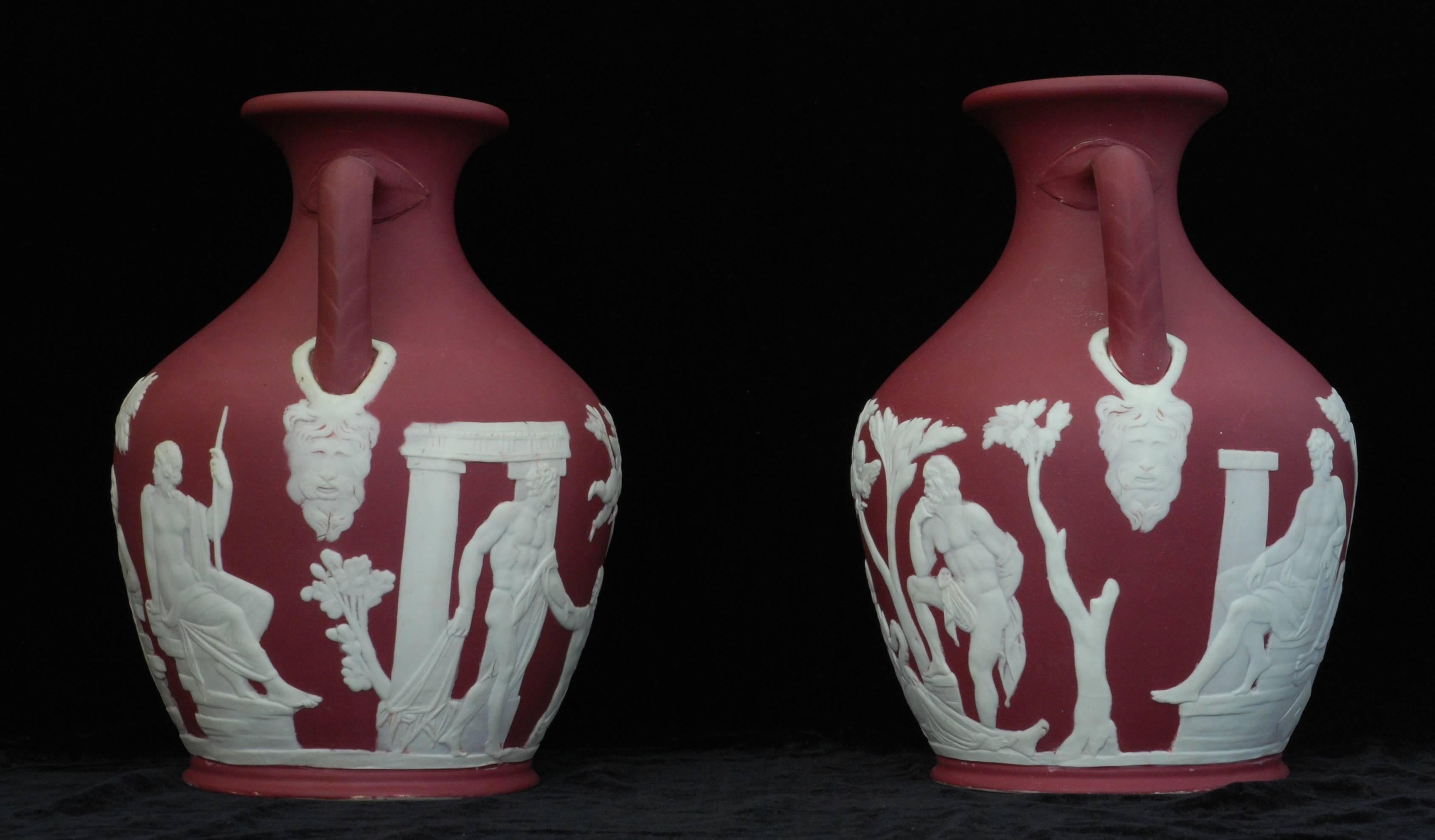 Neoclassical Revival Pair of Crimson Jasper Portland Vases