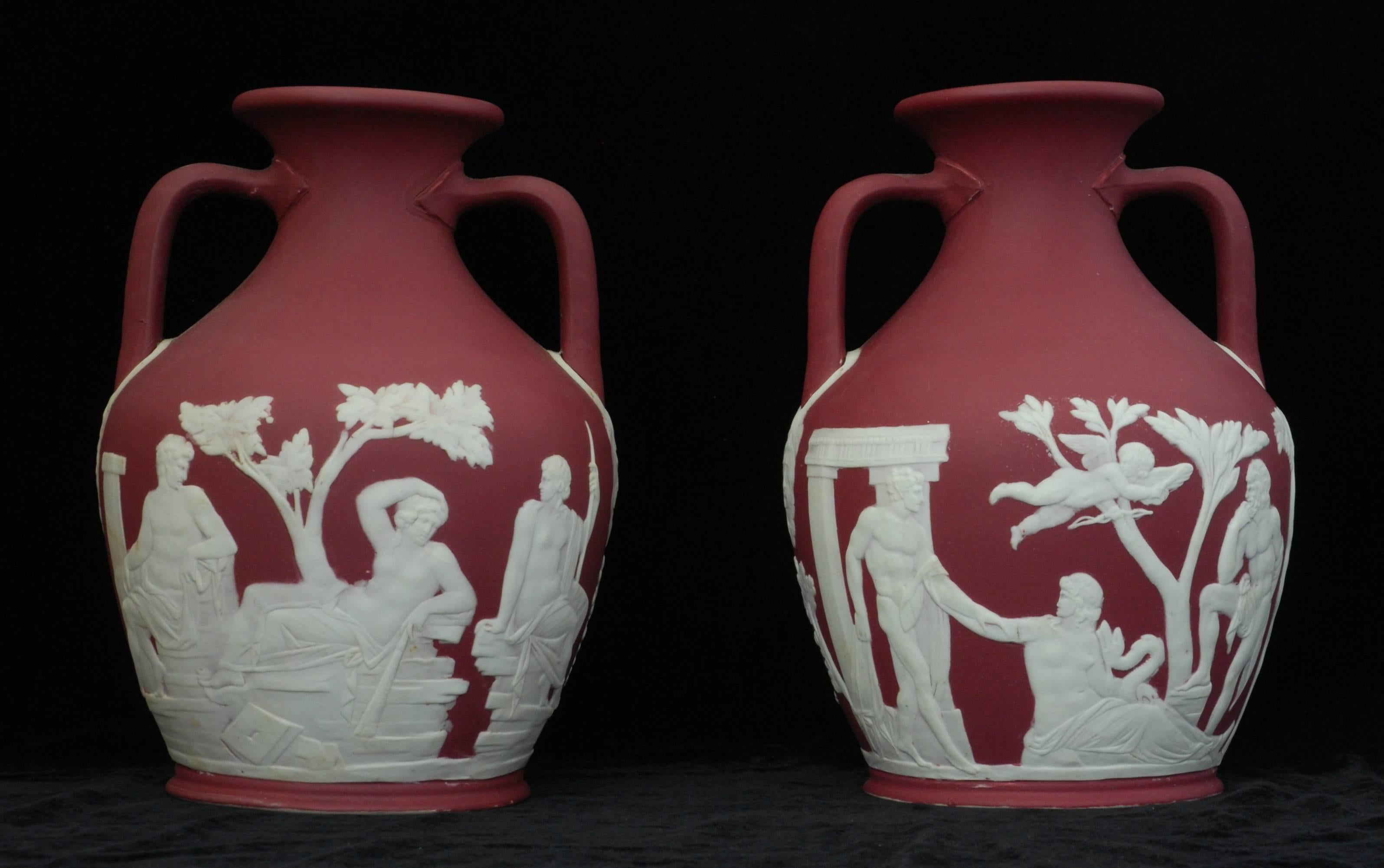 Turned Pair of Crimson Jasper Portland Vases For Sale