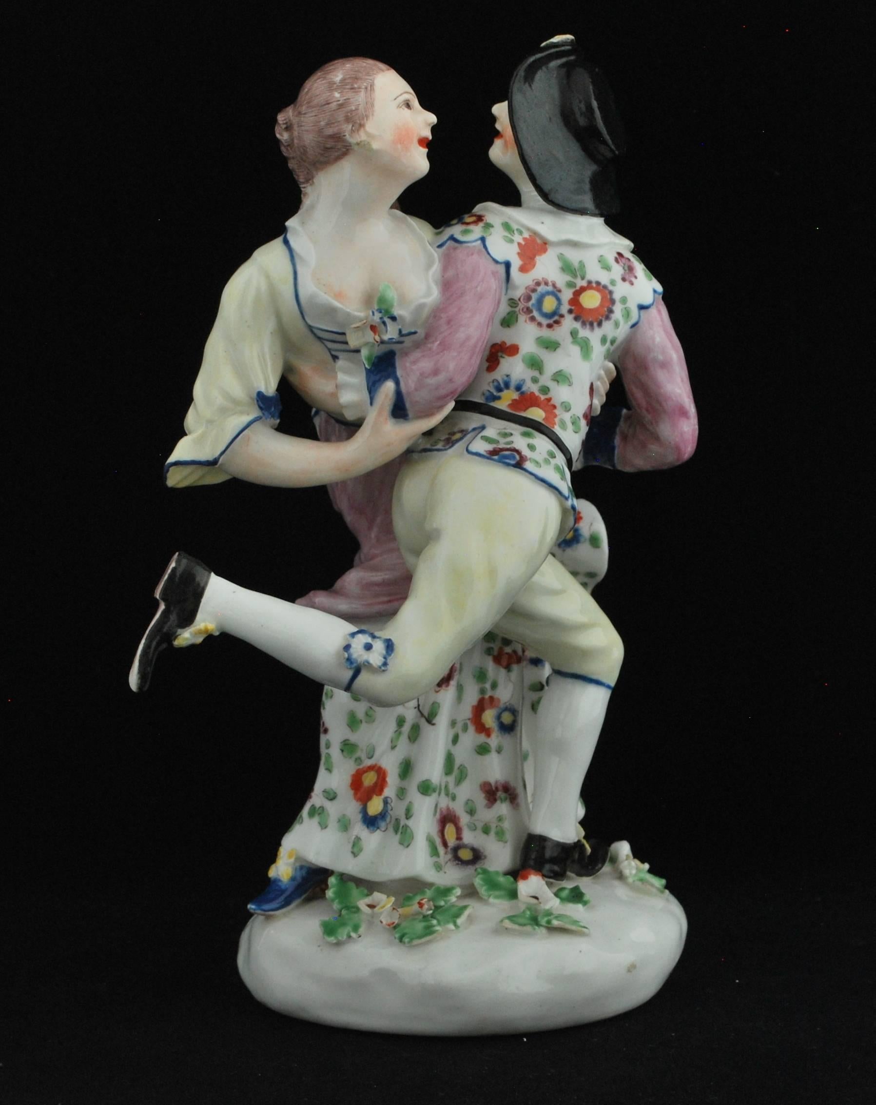 English Harlequin and Columbine Dancing, Commedia Dell'arte, Bow Porcelain C1754