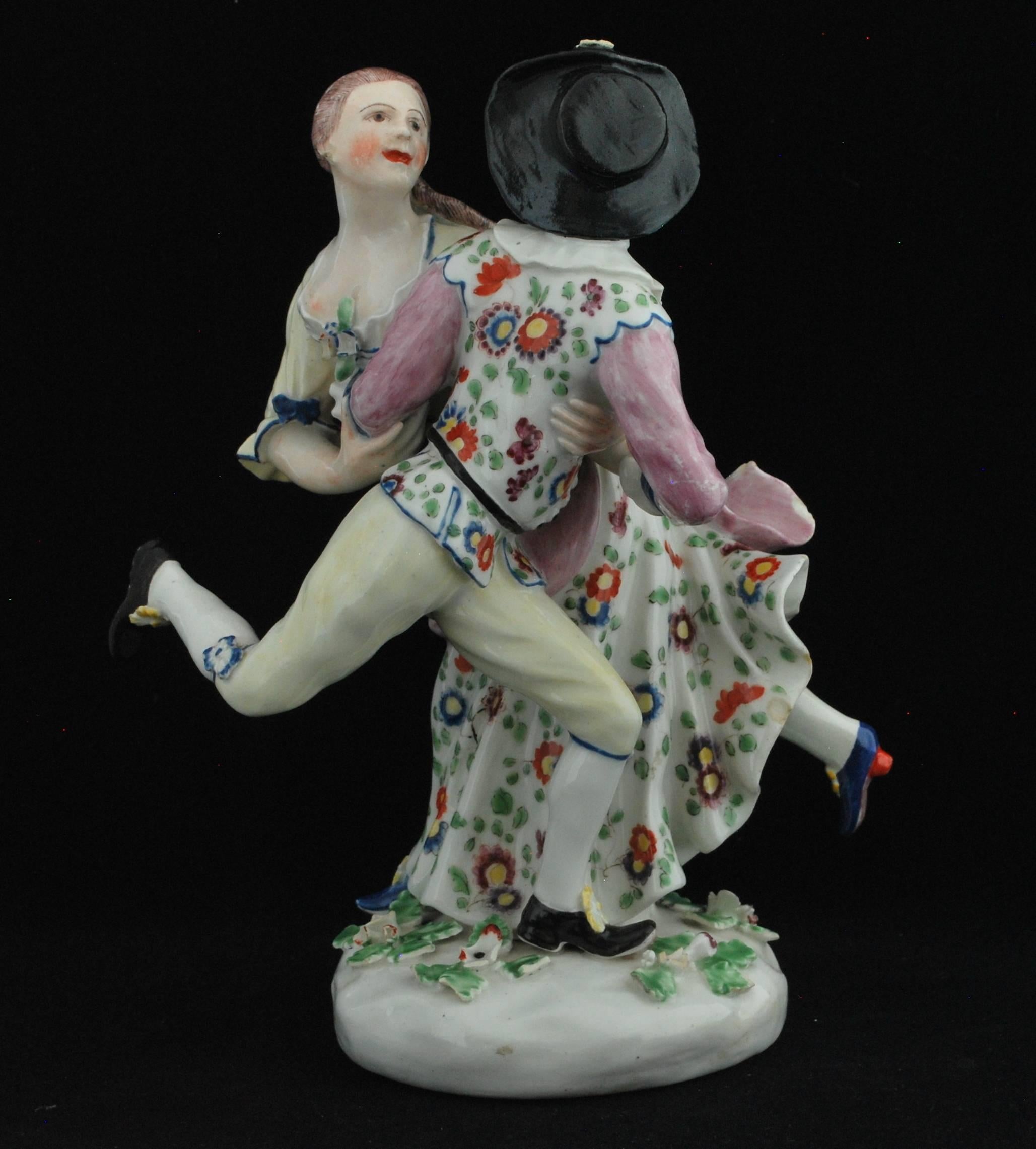 Neoclassical Harlequin and Columbine Dancing, Commedia Dell'arte, Bow Porcelain C1754
