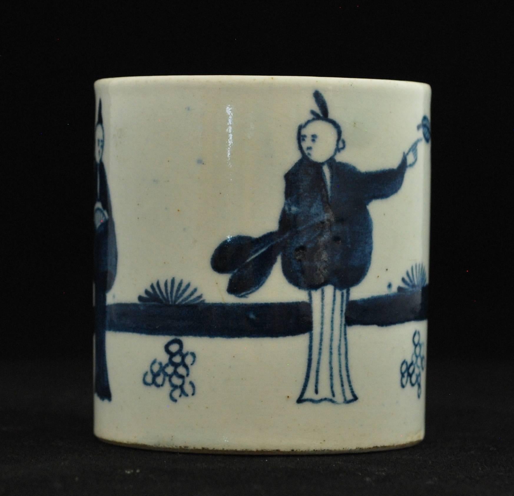 Chinoiseries Canne à café, porcelaine bleue et blanche « Homme à la fenêtre » avec nœud, vers 1760 en vente
